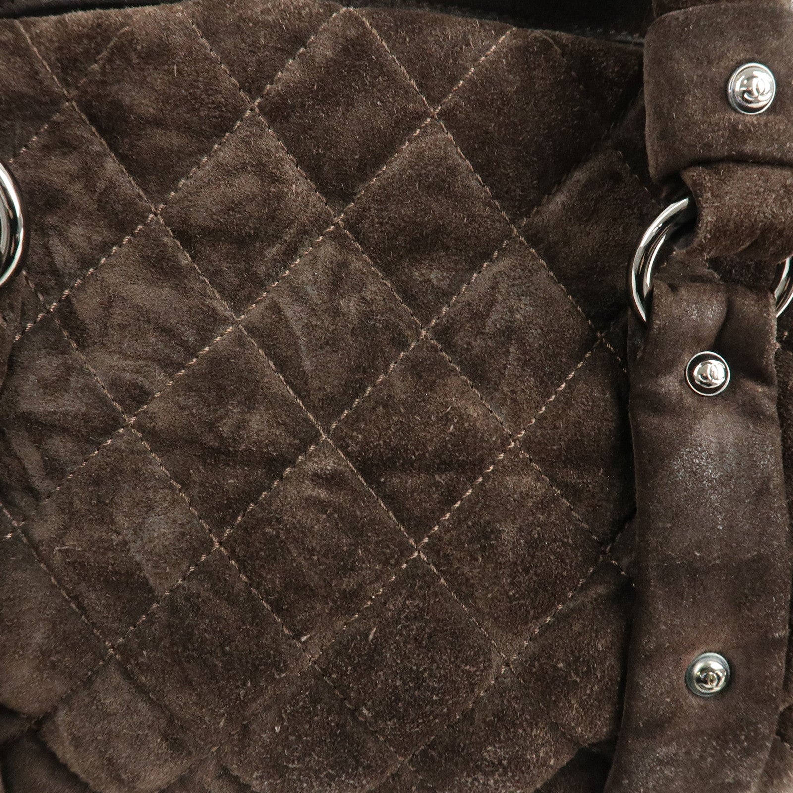 CHANEL Matelasse Suede Boston Bag Brown Silver Hardware Used