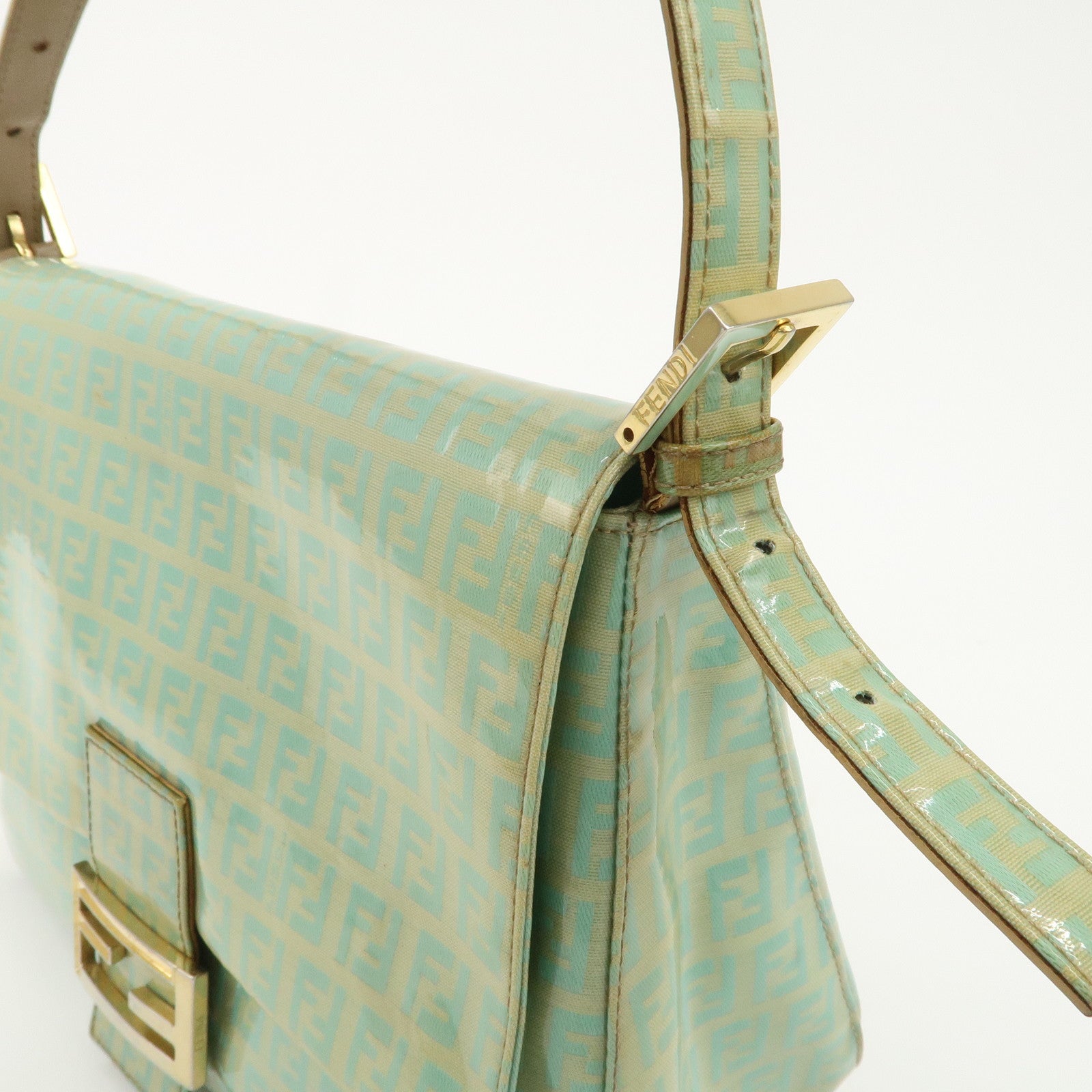 FENDI Zucchino Patent Leather Shoulder bag Beige Light Green Used