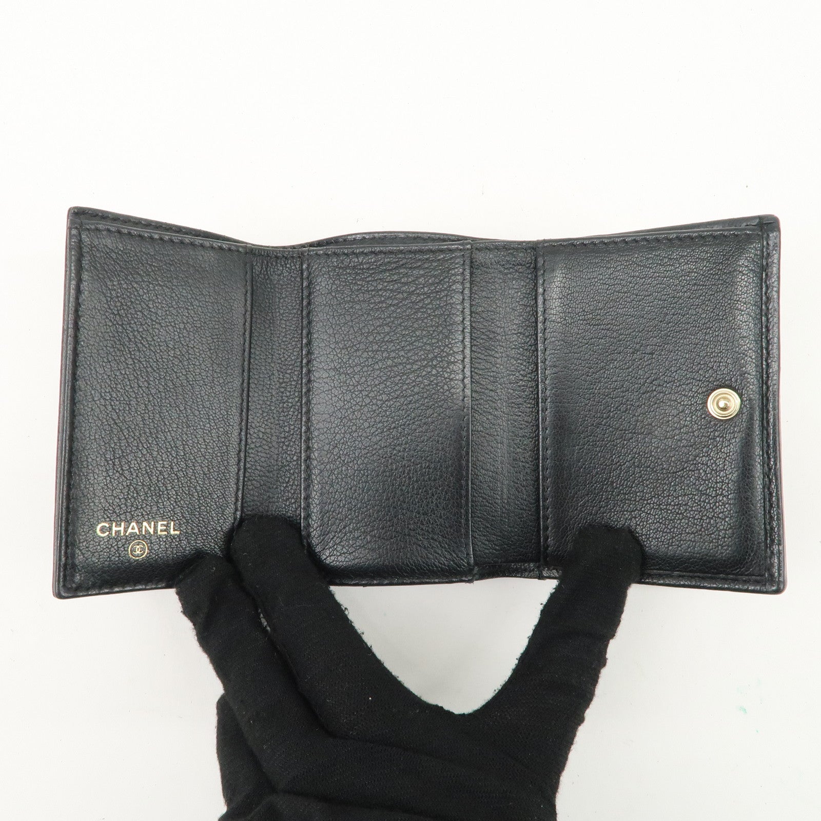 CHANEL Lucky Flower Leather Compact Wallet Black A81651 Used