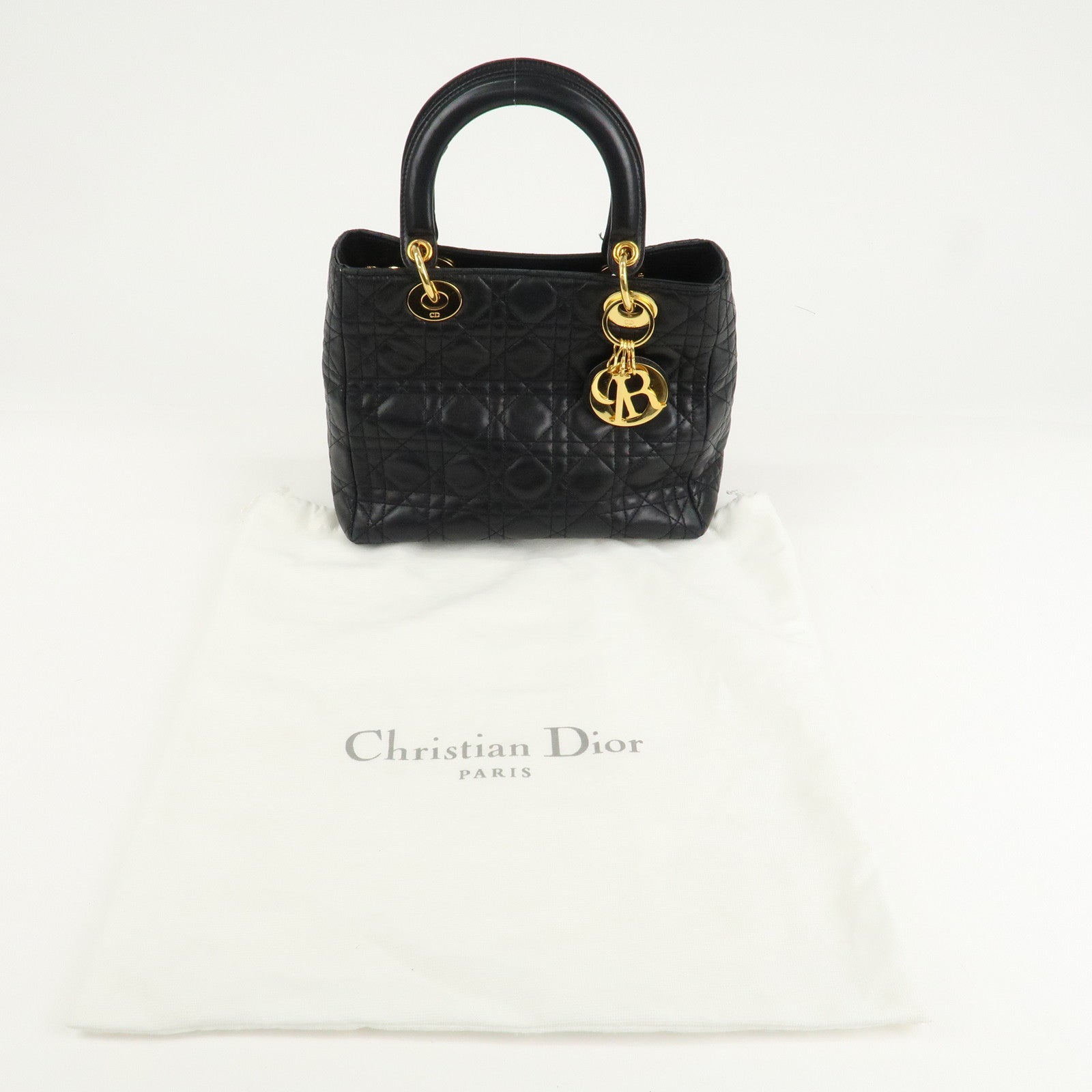 Christian Dior Lady Dior Canage Leather Hand Bag Black Used