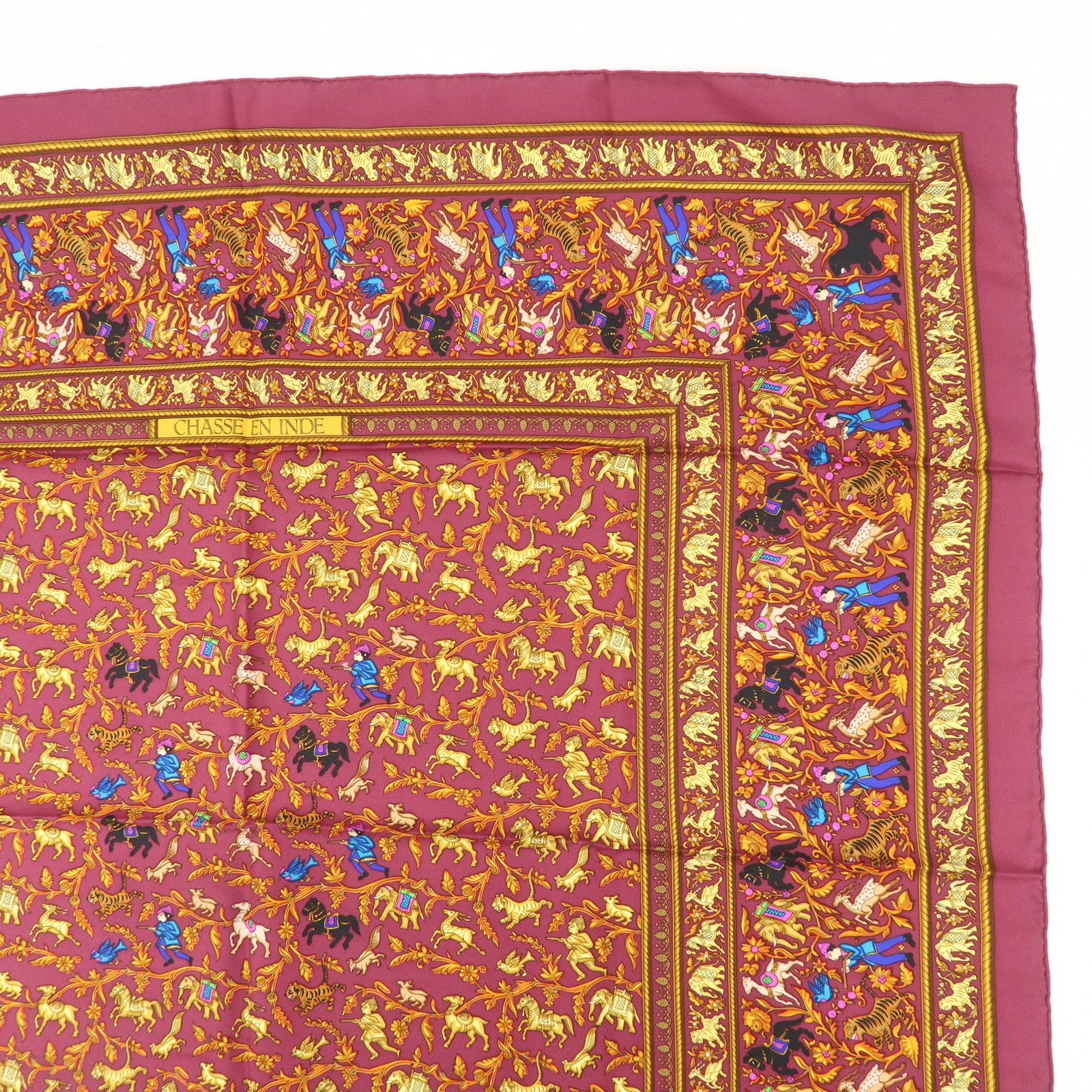 HERMES Carre 90 Silk 100% Scarf CHASSE EN INDE Bordeaux