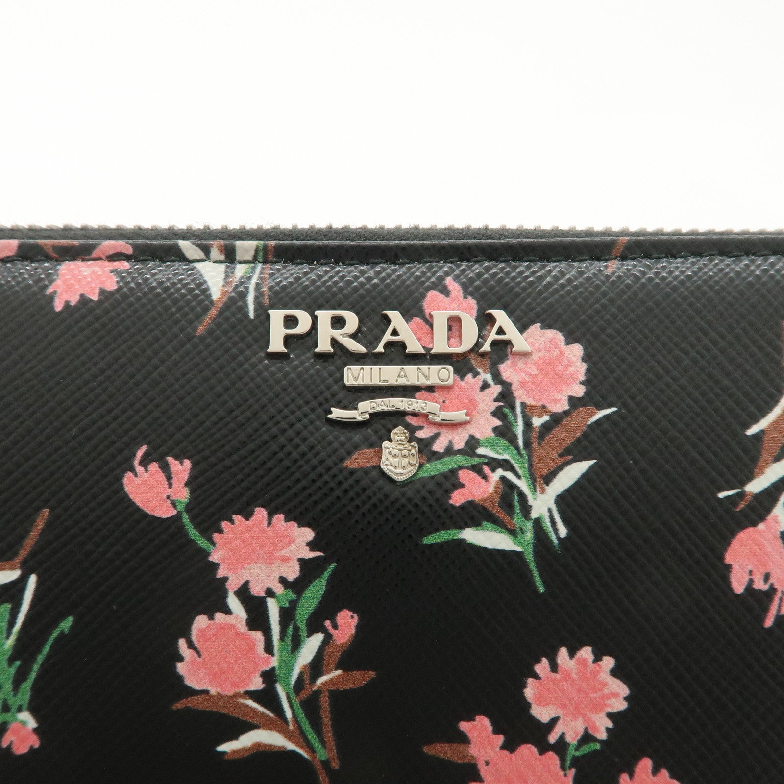 PRADA Logo Leather Round Zipper Long Wallet Flower 1ML506 Used