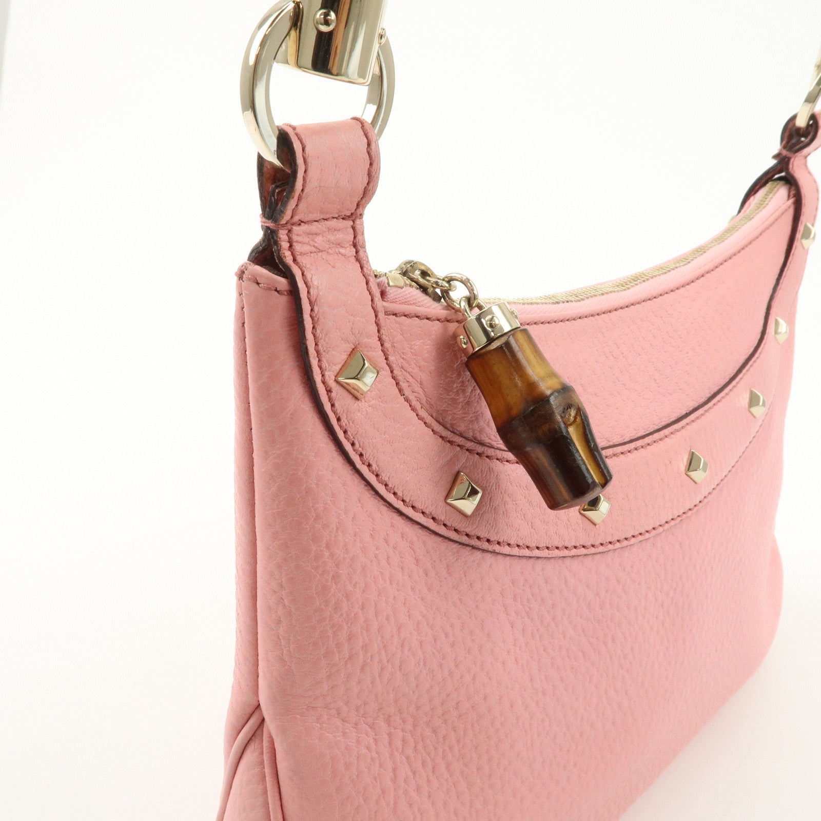 GUCCI Bamboo Leather Shoulder Bag Hand Bag Studs Pink 137378 Used
