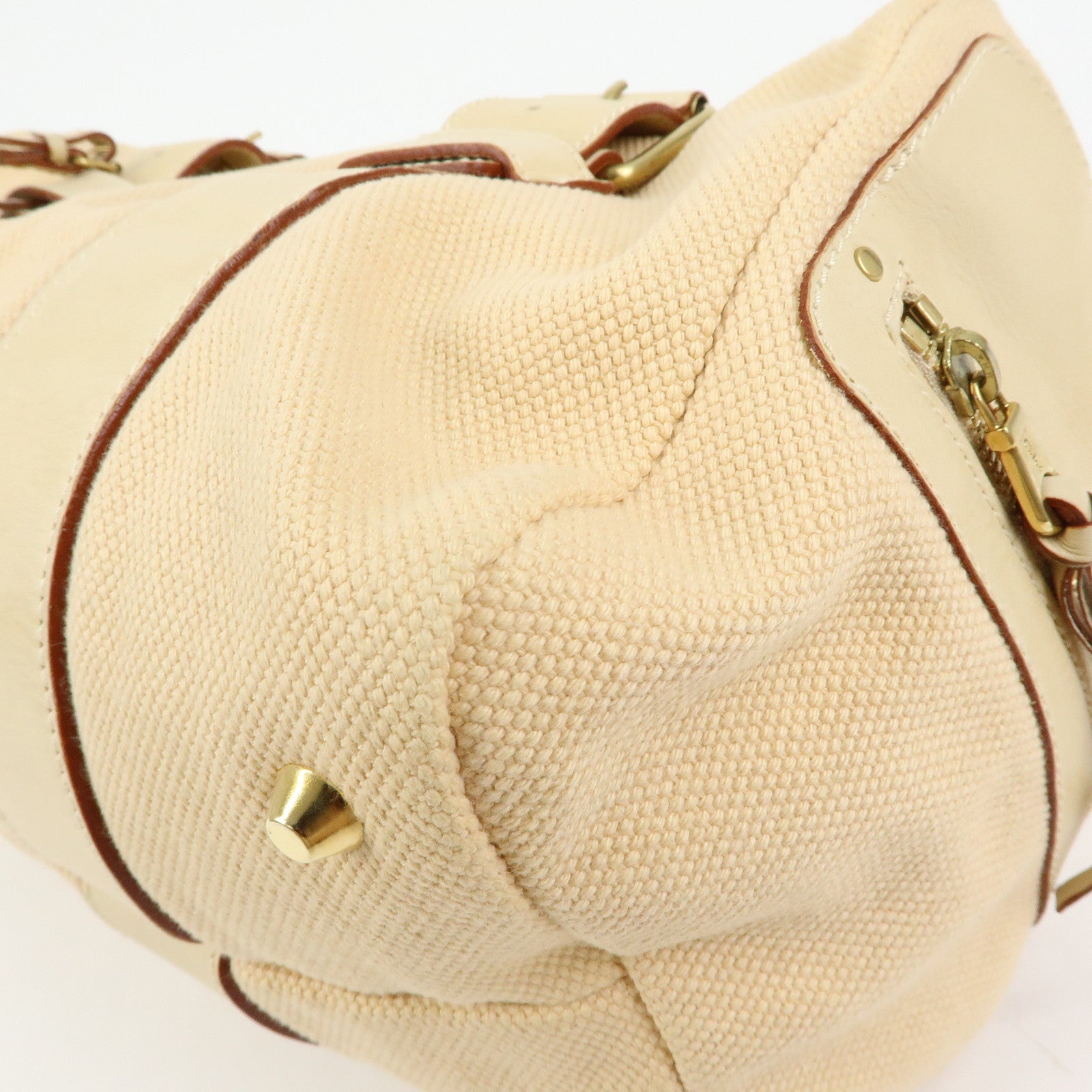 Chloe Cotton Leather Boston Bag Hand Bag Shoulder Bag Beige