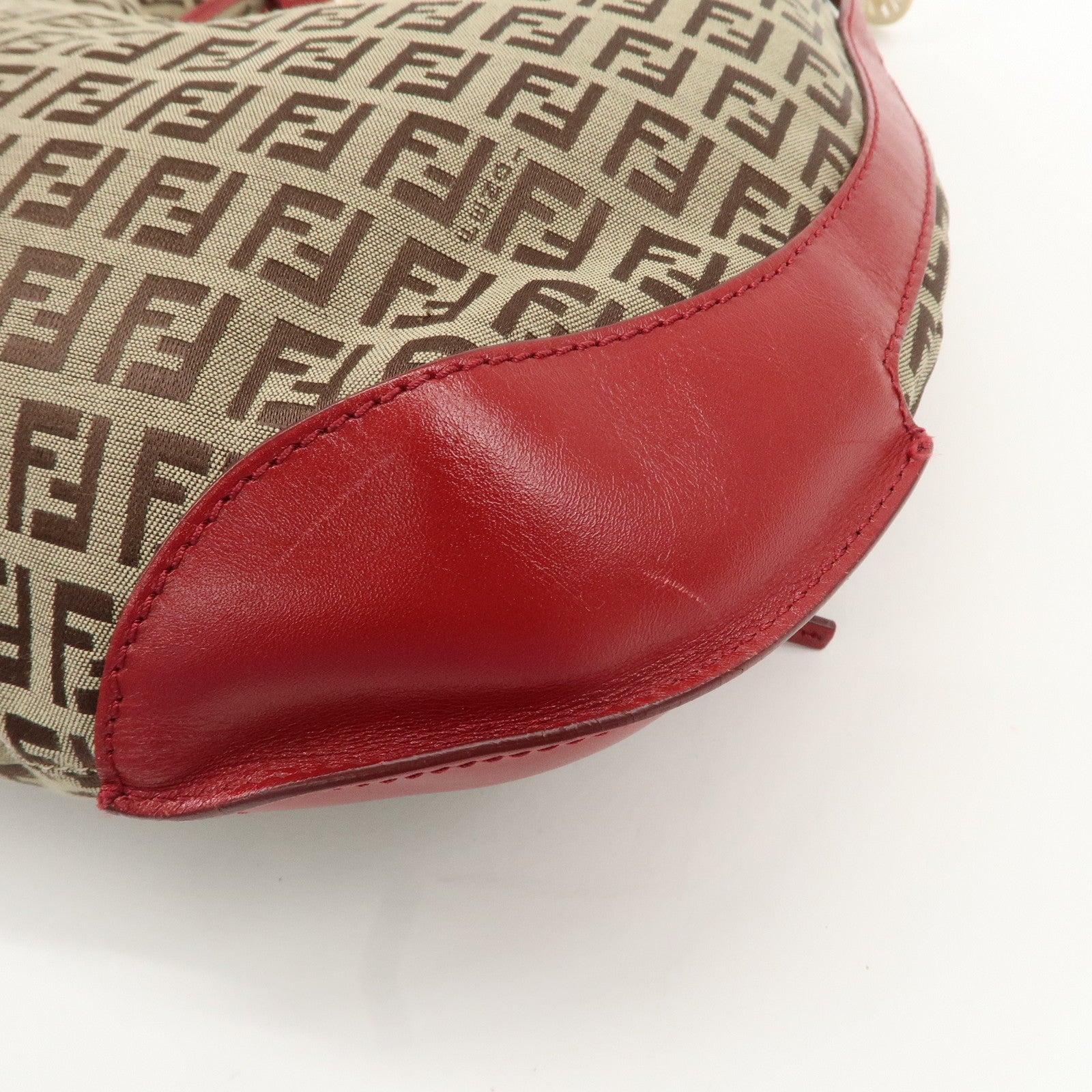 FENDI Zucchino Canvas Leather Shoulder Bag Khaki Brown Red 8BR465 Used
