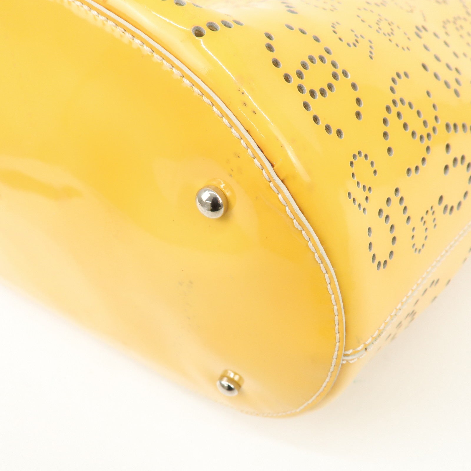 CHANEL COCO Mark No.5 Patent Leather Punching Hand Bag Yellow Used