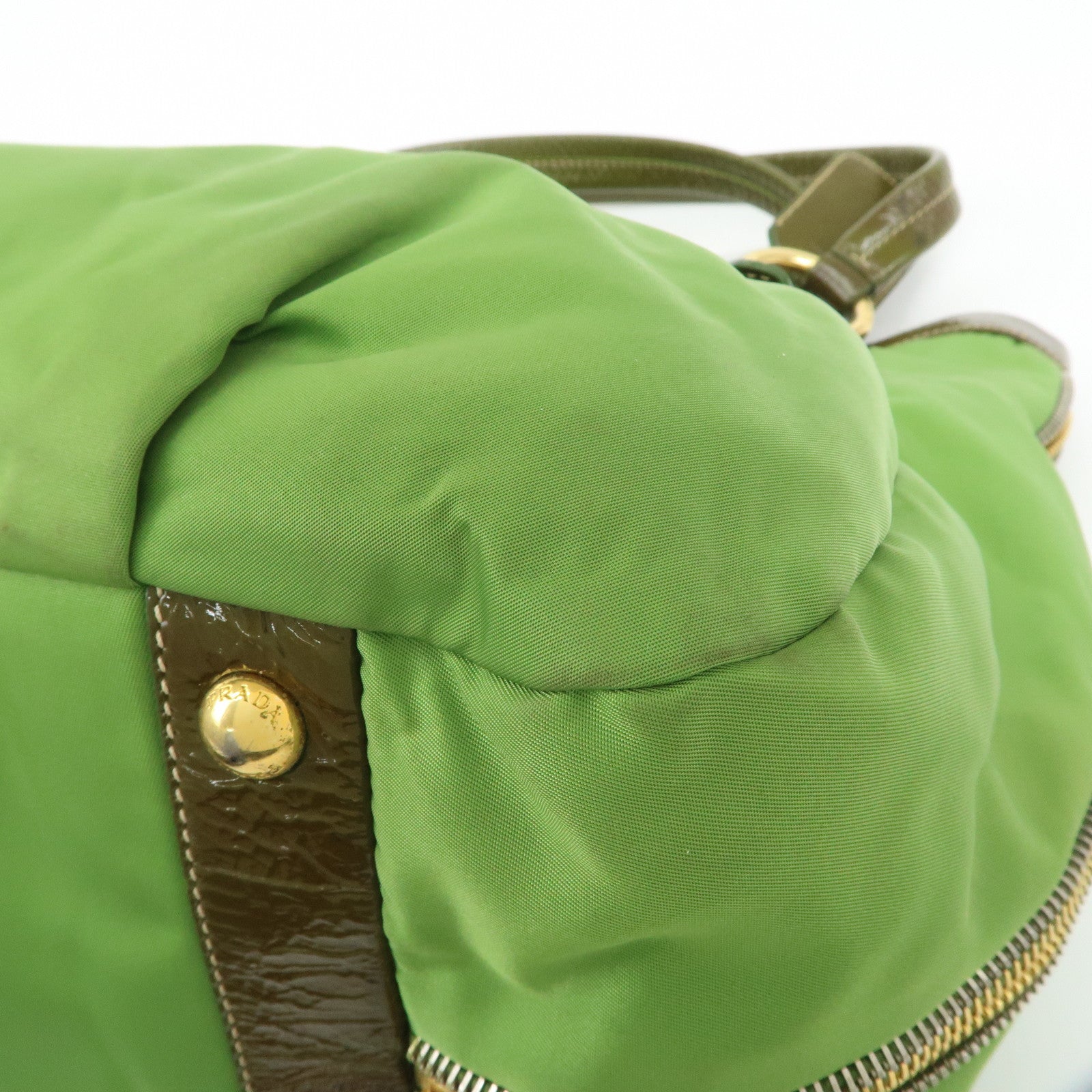 PRADA Nylon Patent Leather Tote Bag Shoulder Bag Green Khaki Used