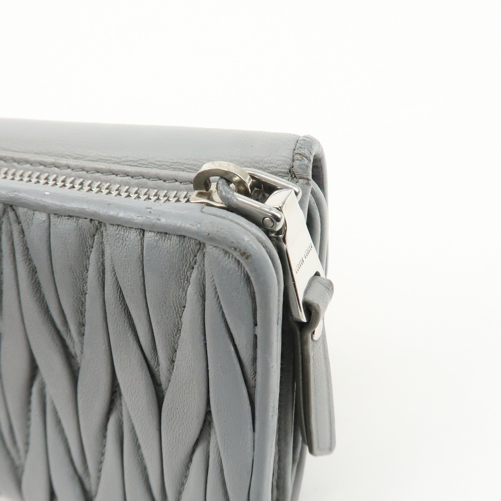 MIU MIU Matelasse Leather Bijoux Studs Tri-fold Wallet Gray Used