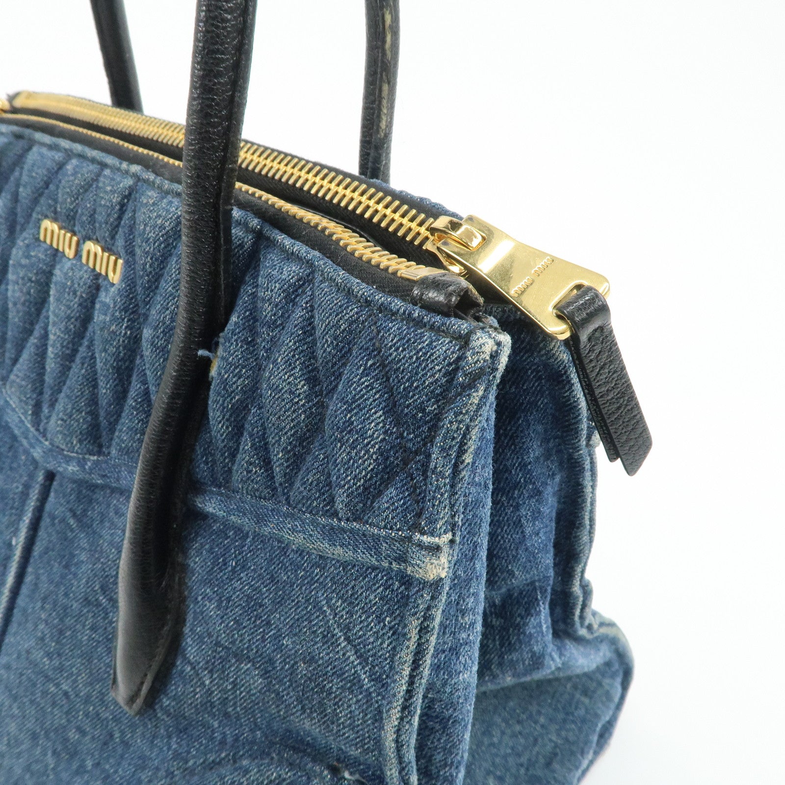 MIU MIU Denim Leather Biker 2Way Tote Bag Blue Black RN1031 Used