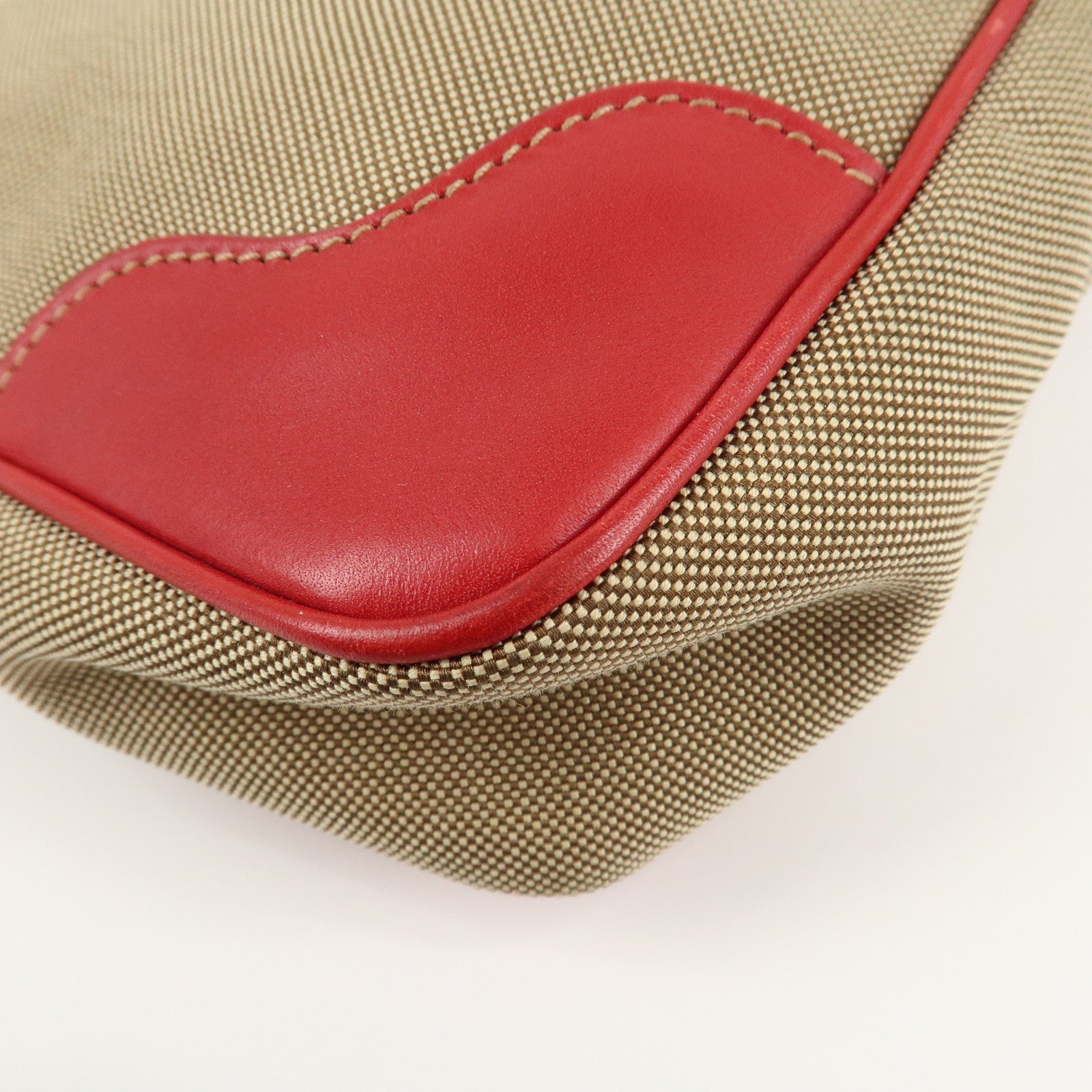 PRADA Logo Jacquard Leather Shoulder Bag Beige Red Used