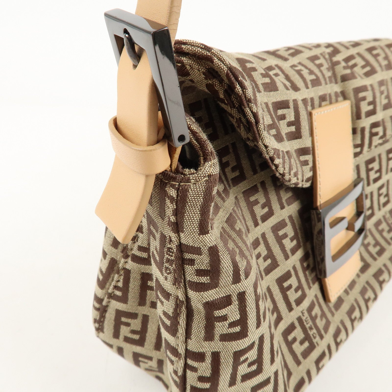 FENDI Zucchino Canvas Leather Shoulder Bag Beige 8BR003 Used