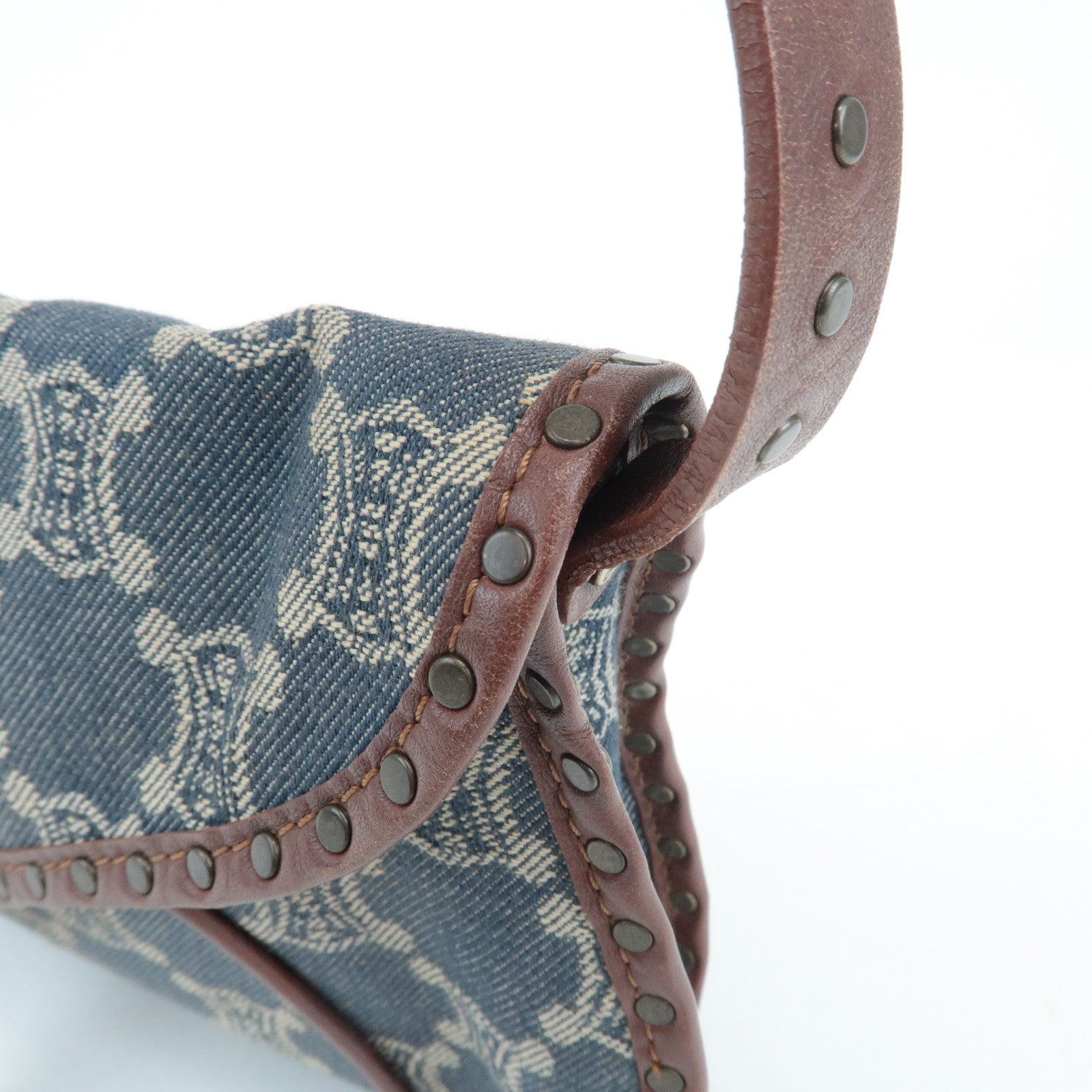 CELINE Macadam Denim Leather Shoulder Bag Blue Brown Used