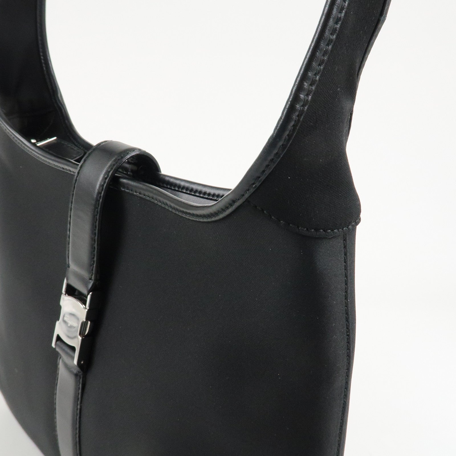 Ferragamo Nylon Leather Shoulder Bag Hand Bag Silver HDW Black Used