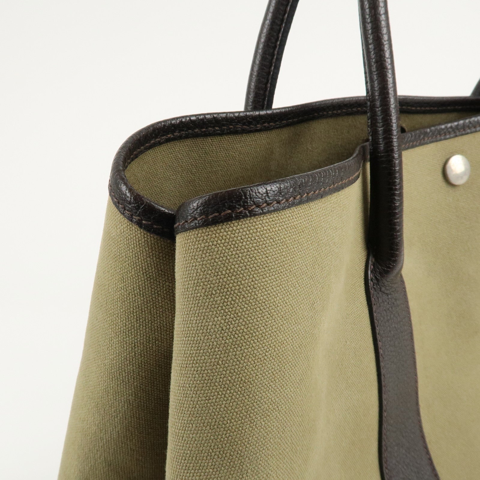 HERMES ToileOfficier Garden Party PM T Stamped Tote Bag Khaki Used