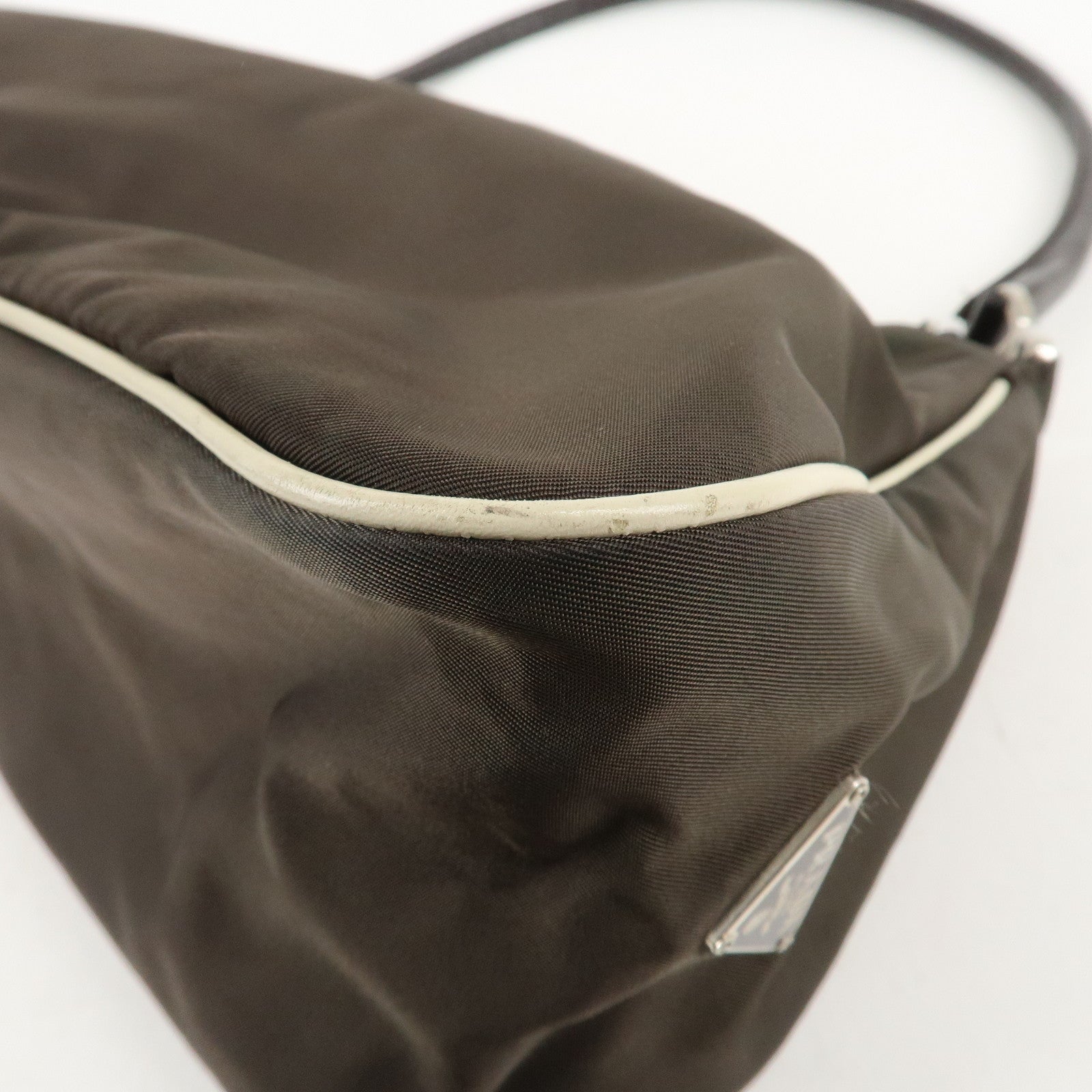PRADA Nylon Leather Shoulder Bag Flower Motif Green Brown Used
