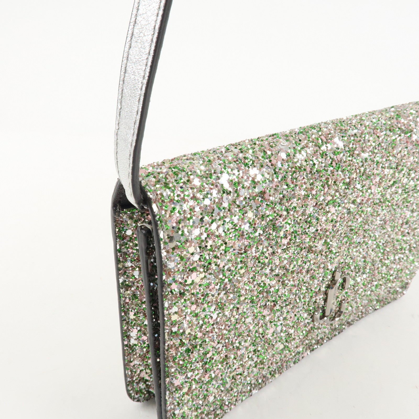 JIMMY CHOO Glitter Leather Shoulder Wallet Bag Green Silver Used