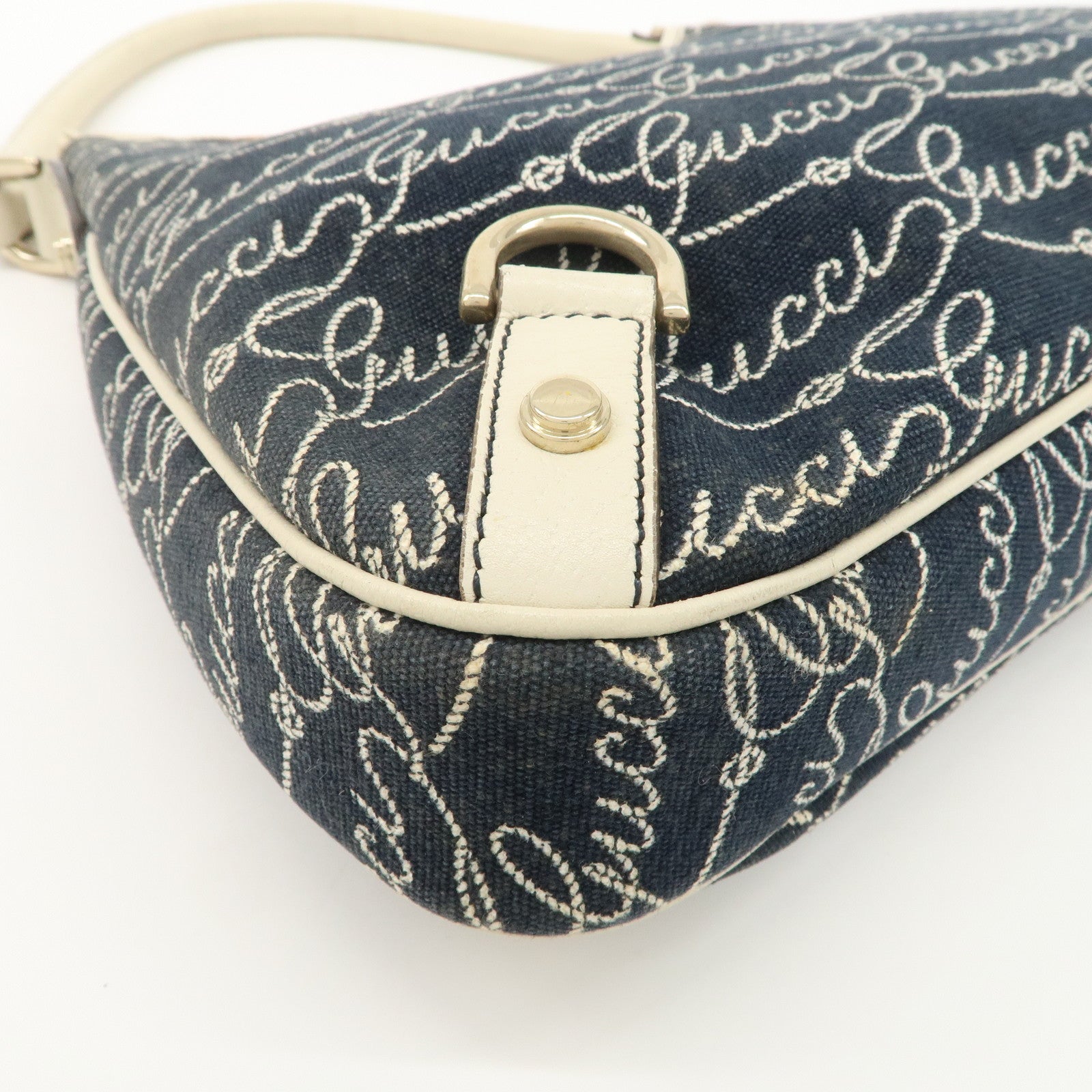 GUCCI Abbey GG Canvas Leather Shoulder Bag Ivory Navy 130738 Used