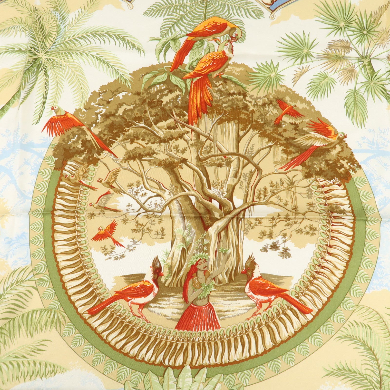 HERMES Silk 100% Carre 90 ALOHA Beige White Gray Used