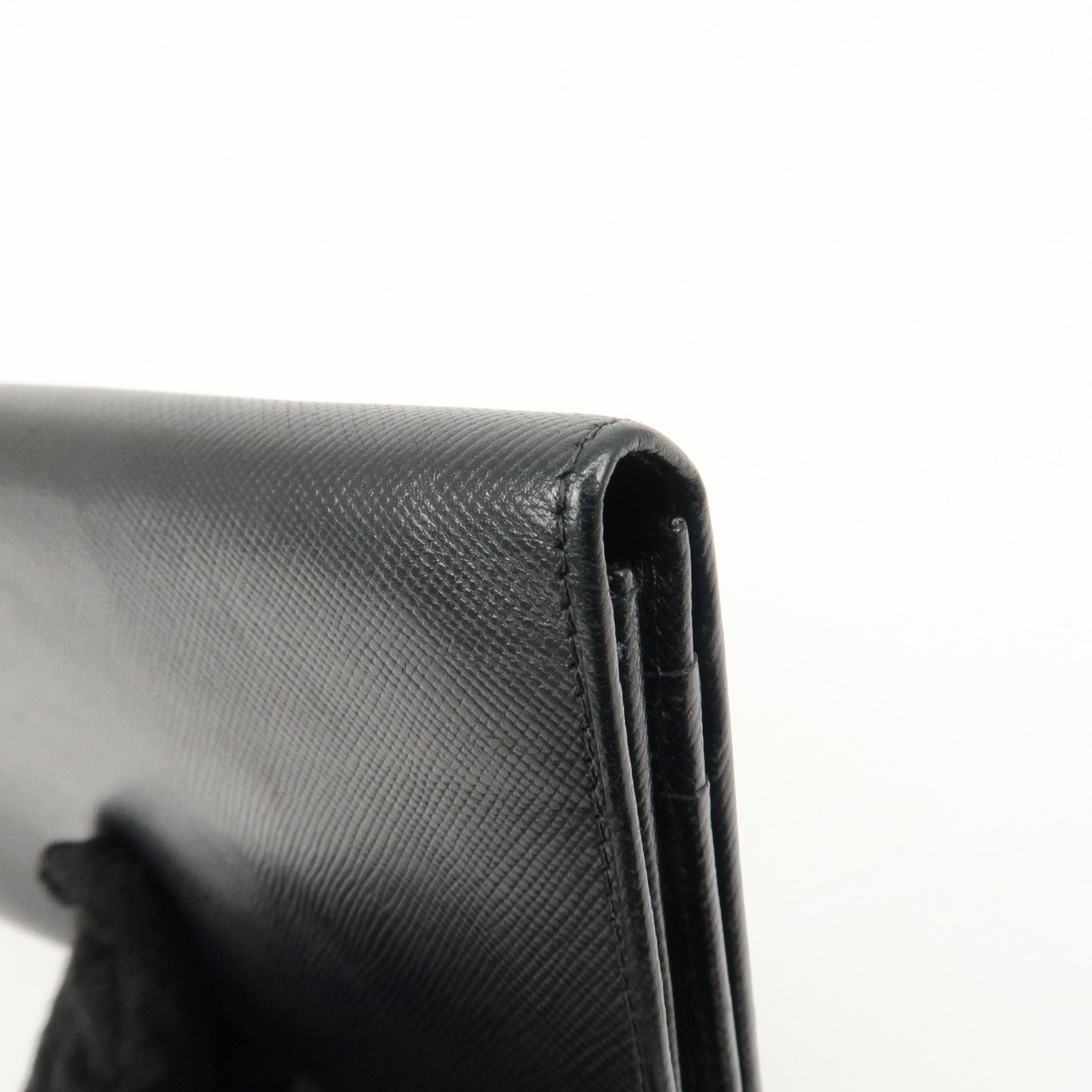 PRADA Leather Bi-fold Long Wallet Black Silver Hardware Used