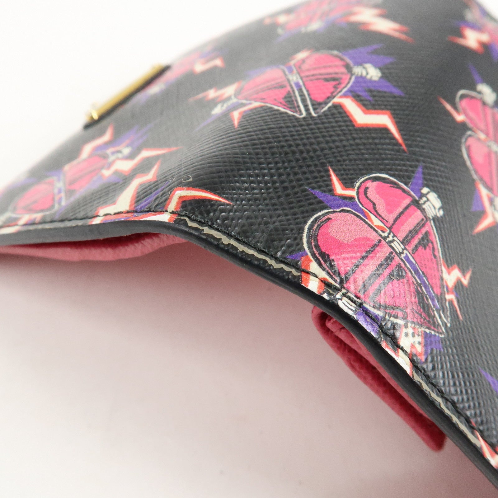 PRADA Logo Saffiano Leather Heart Print Bi-fold Wallet 1MV204 Used