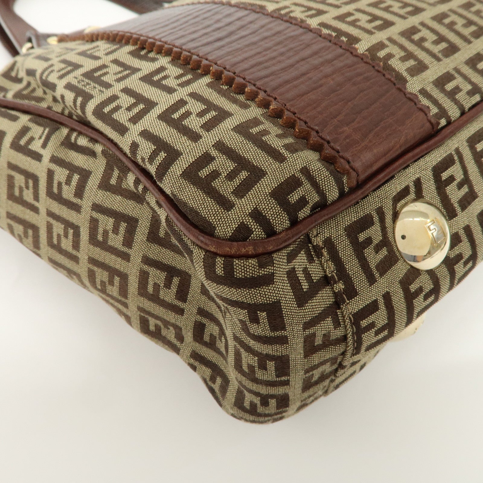 FENDI Zucchino Canvas Leather Tote Bag Khaki Brown 8BH161 Used
