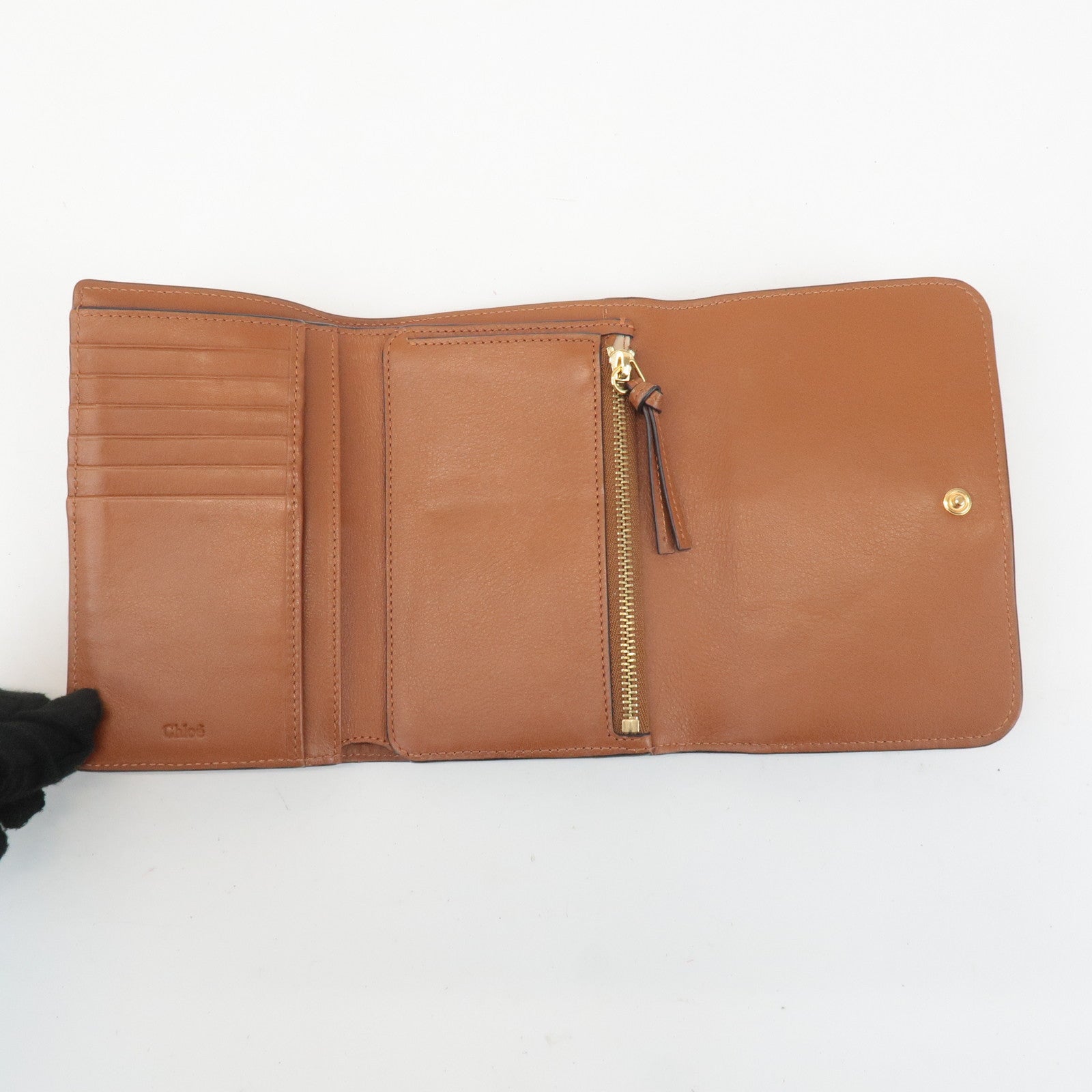 CHLOE Alphabet Leather Small Tri-fold Compact Wallet Brown Used