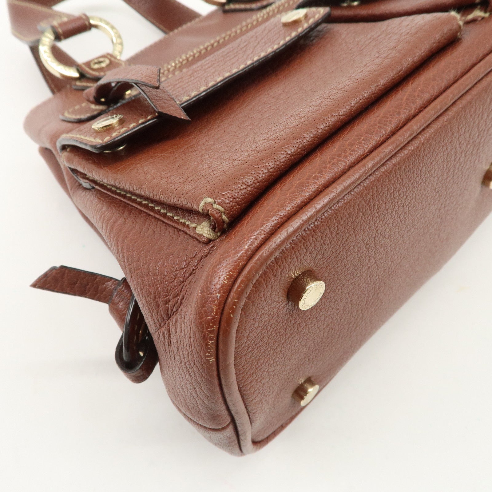 BVLGARI Leather Front Pocket Hand Bag Tote Bag Brown Used