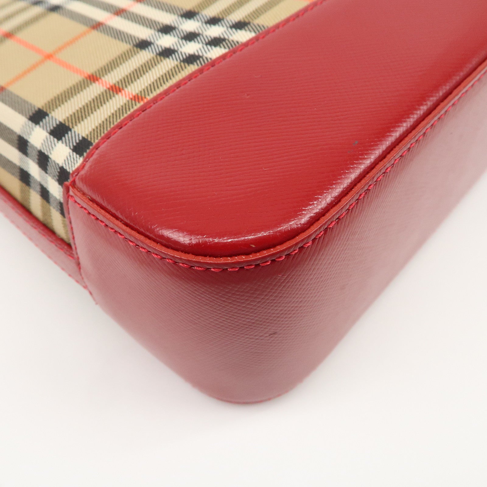 BURBERRY Nova Plaid Canvas Leather Shoulder Bag Hand Bag Red Used