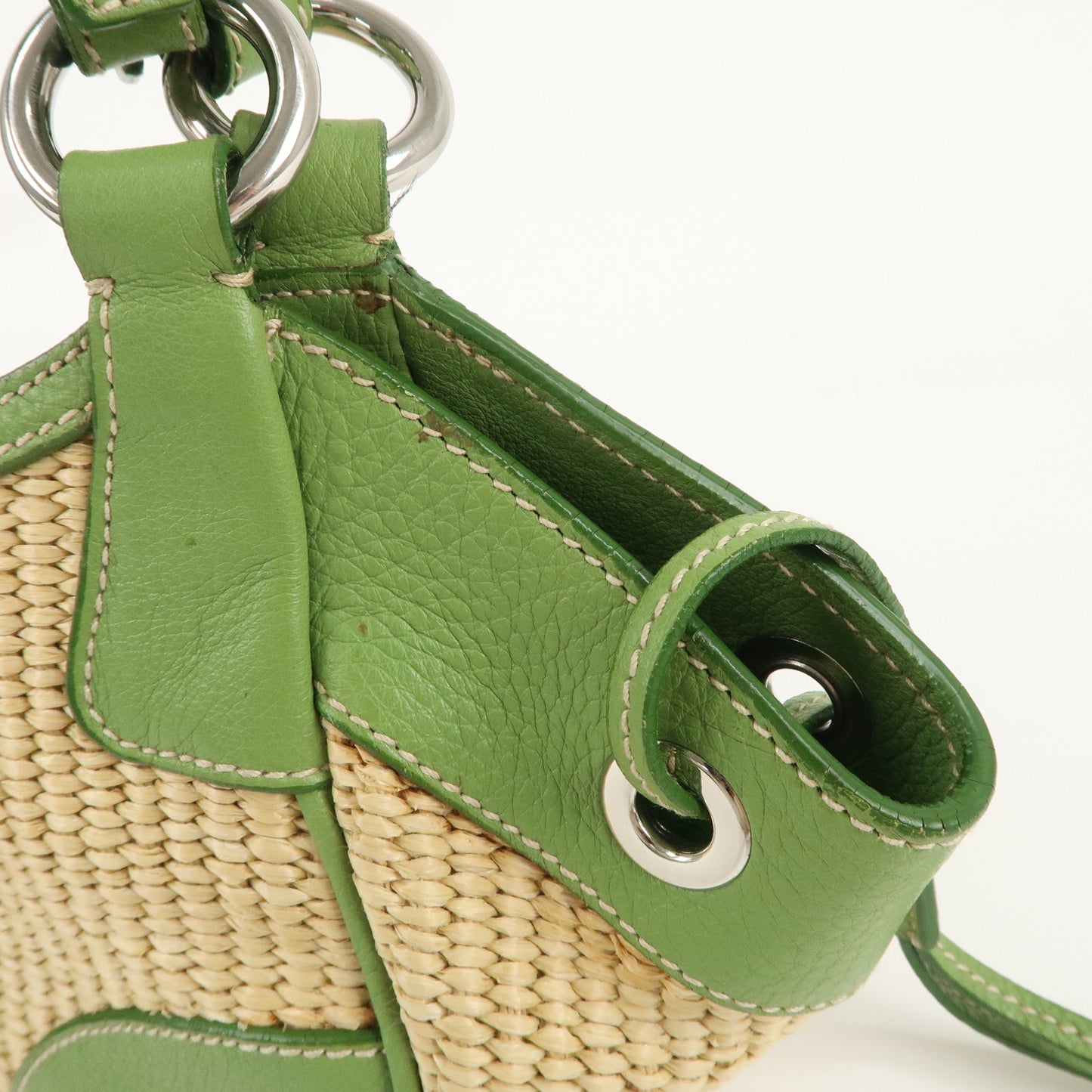 PRADA Straw Leather Shoulder Bag Natural Green BR2928