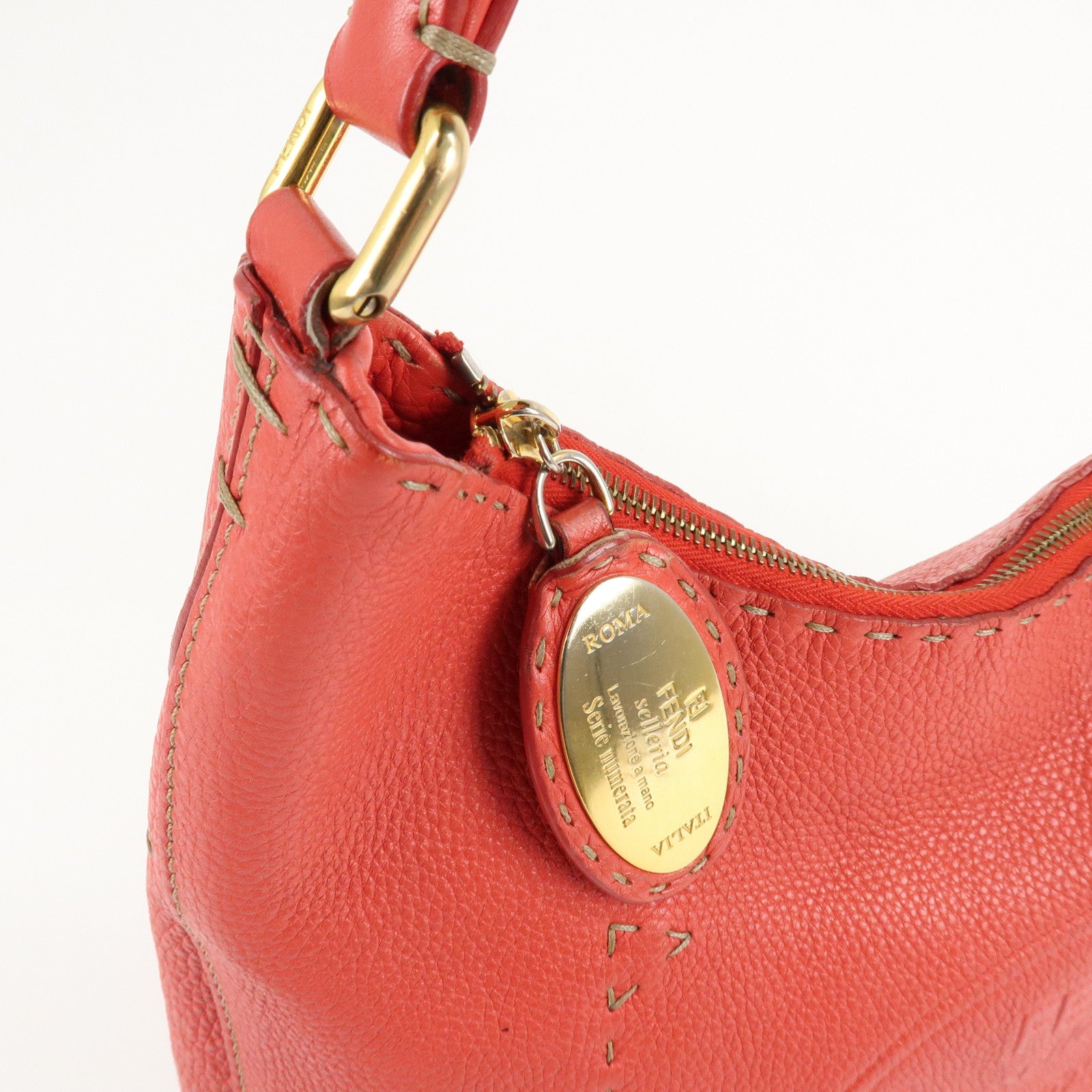 FENDI Selleria Leather Shoulder Bag Red 8BR648 Used