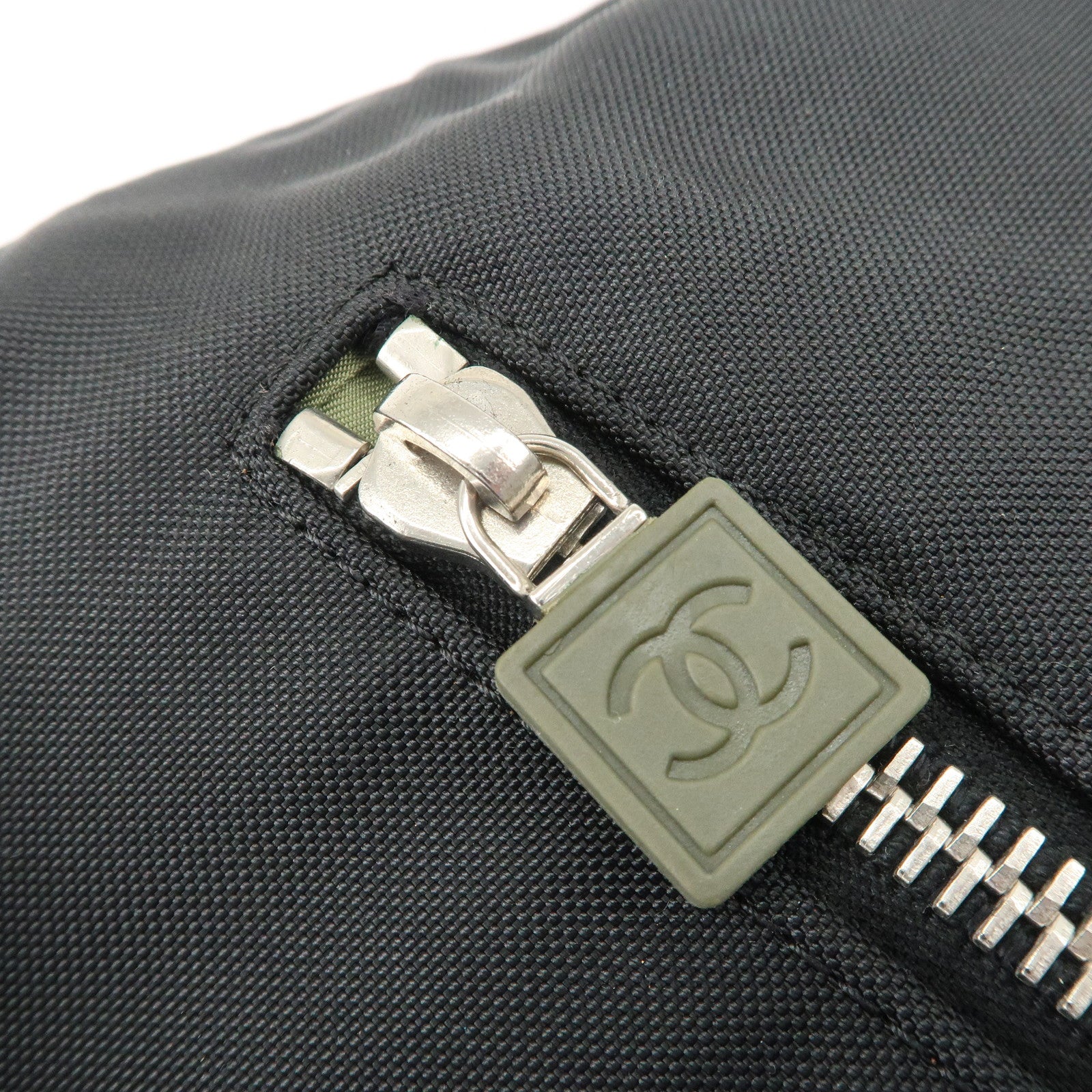 CHANEL Sports Nylon COCO Mark Shoulder Bag Black Khaki Used