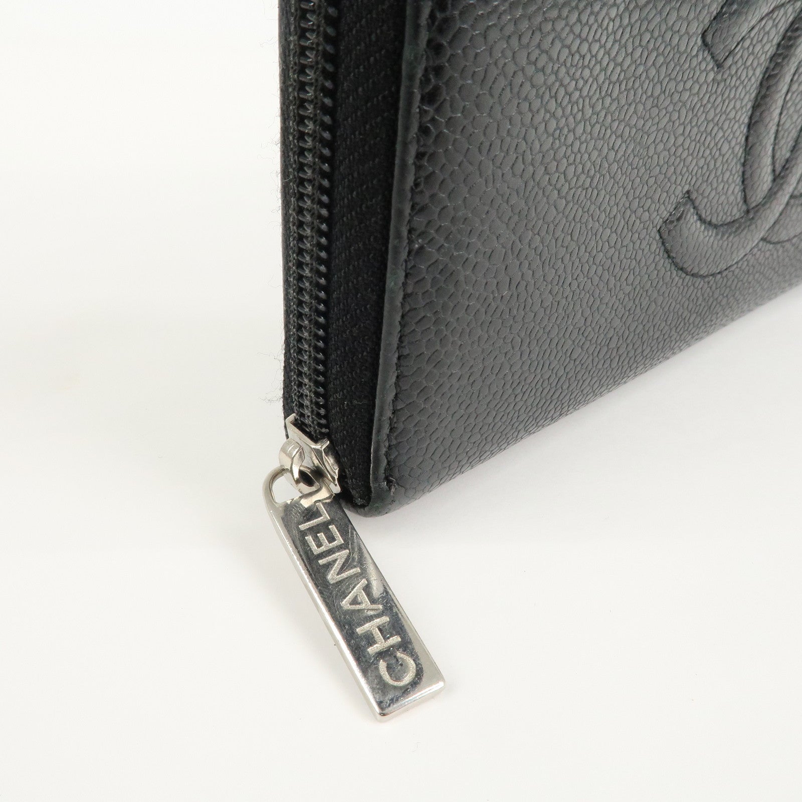 CHANEL Caviar Skin Zip Around Long Wallet Black A50071 Used