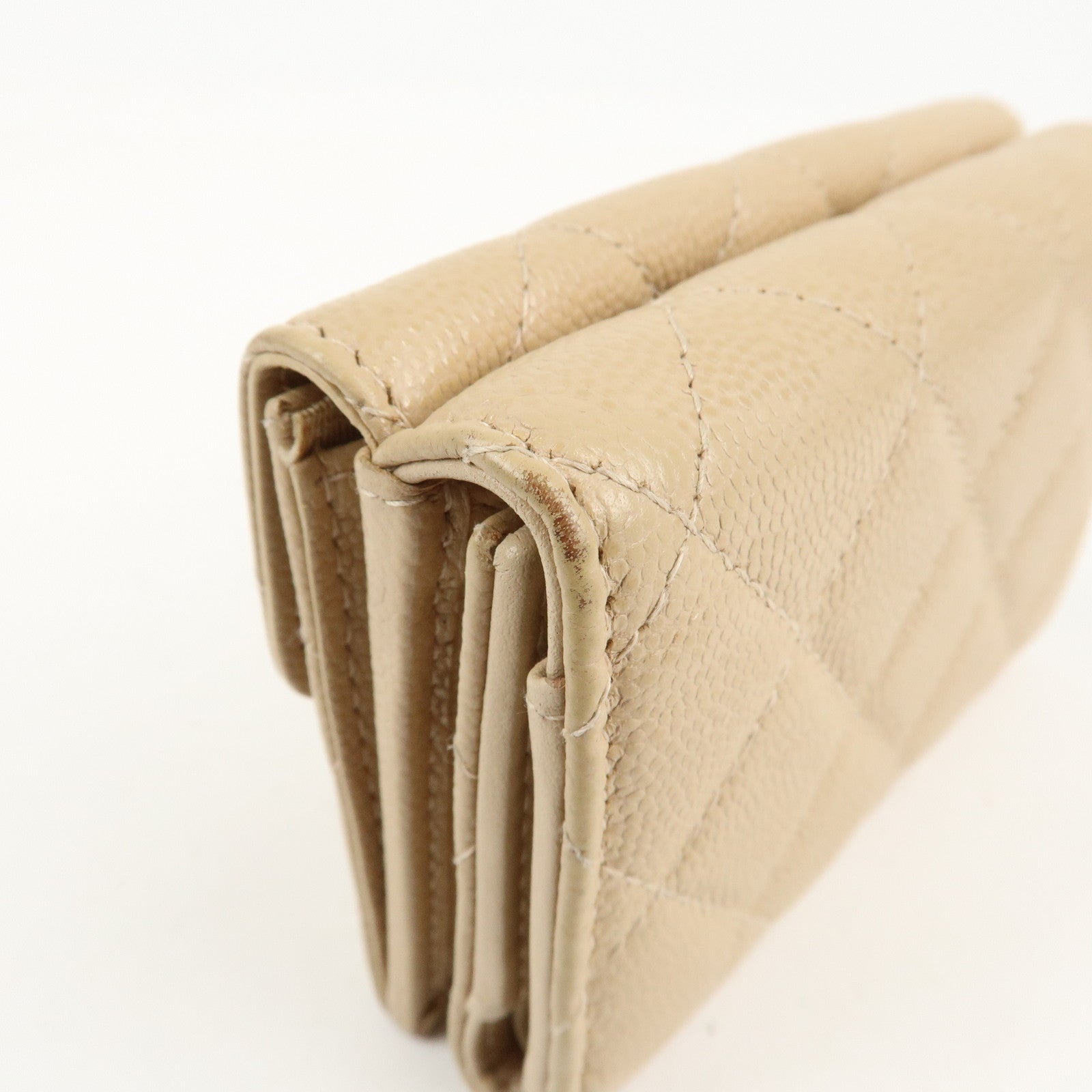 CHANEL Matelasse Cavier Skin Compact Wallet Beige Silver HDW Used