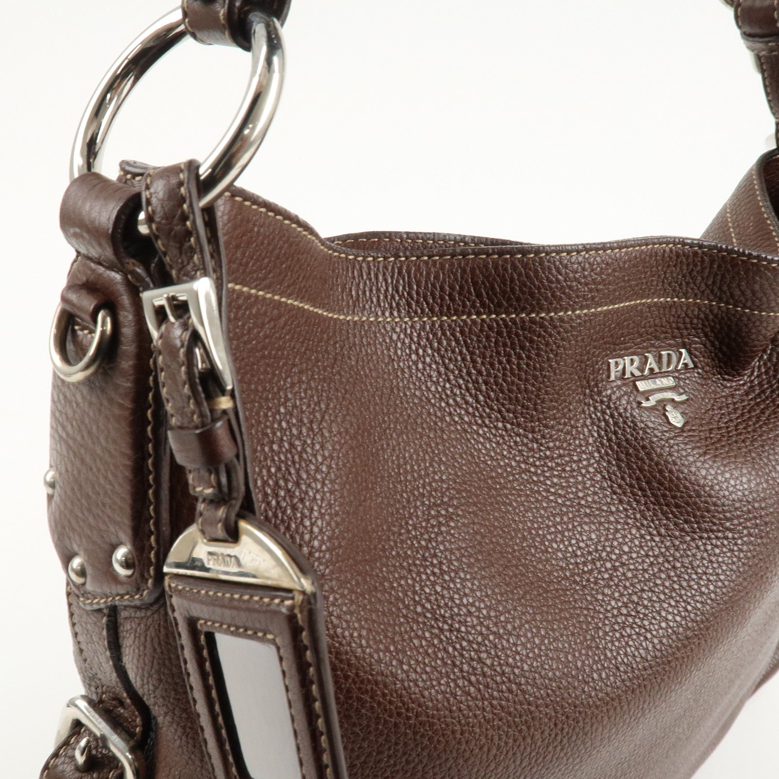 PRADA Leather Shoulder Bag Brown BR3408 Used