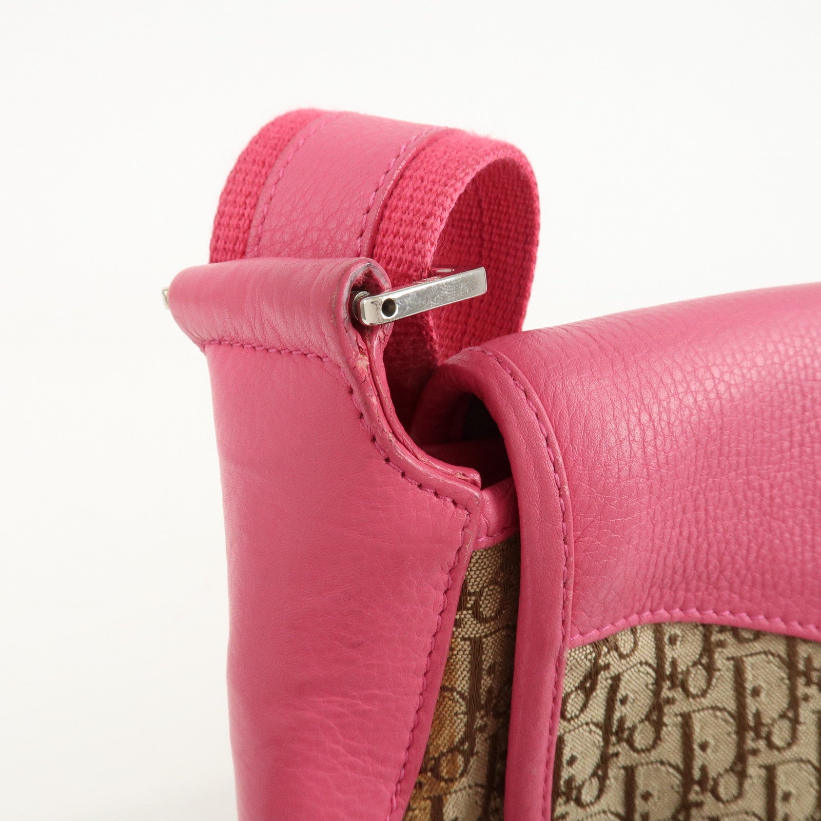 Christian Dior Trotter Canvas Leather Shoulder Bag Beige Pink Used