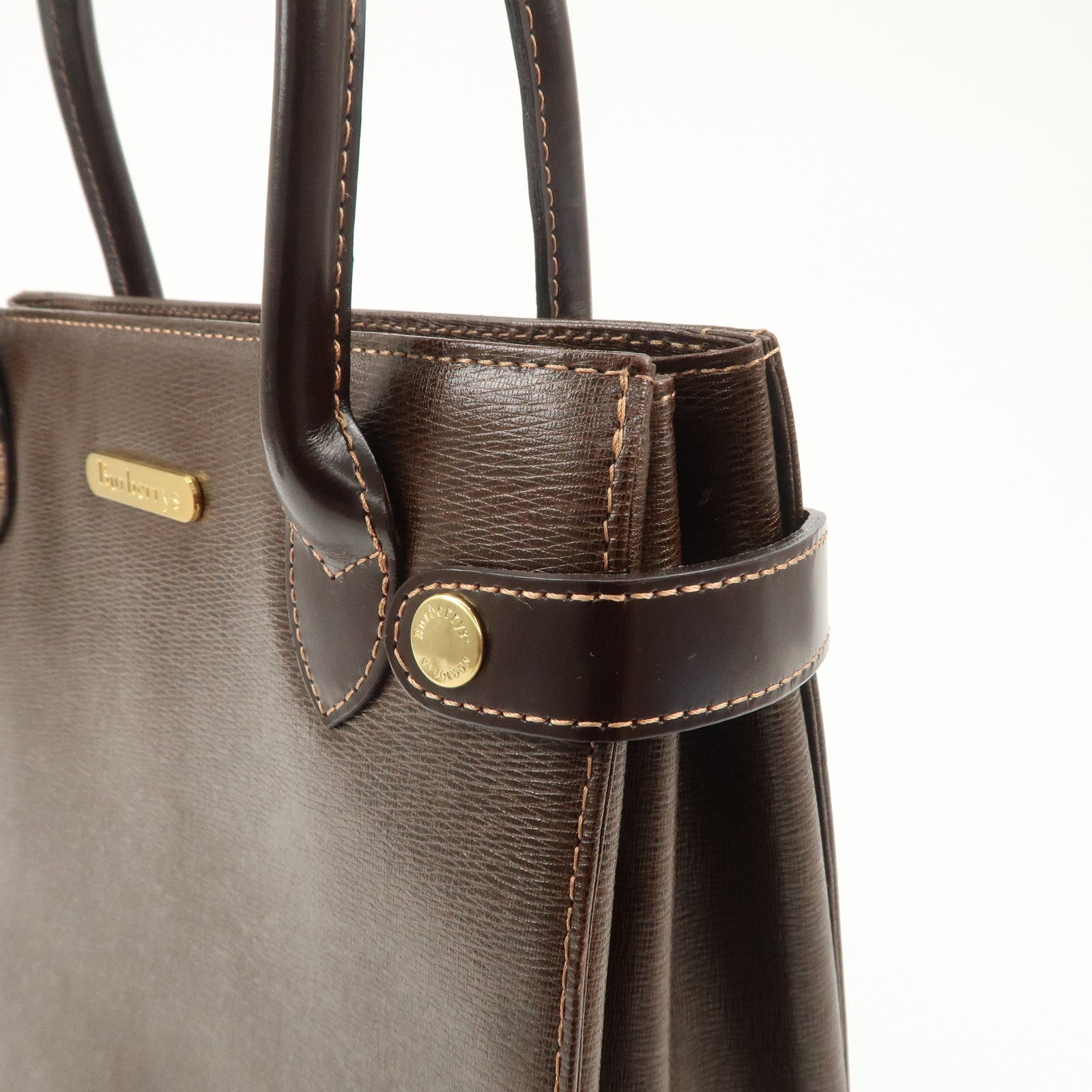 BURBERRY Leather Tote Bag Hand Bag Brown Gold Hardware Used