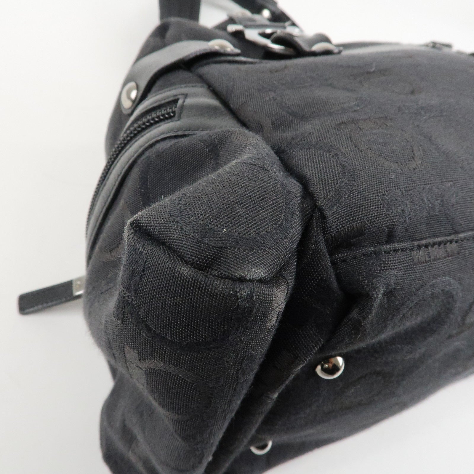 Ferragamo Gancini Pattern Canvas Leather Boston Bag Black Used