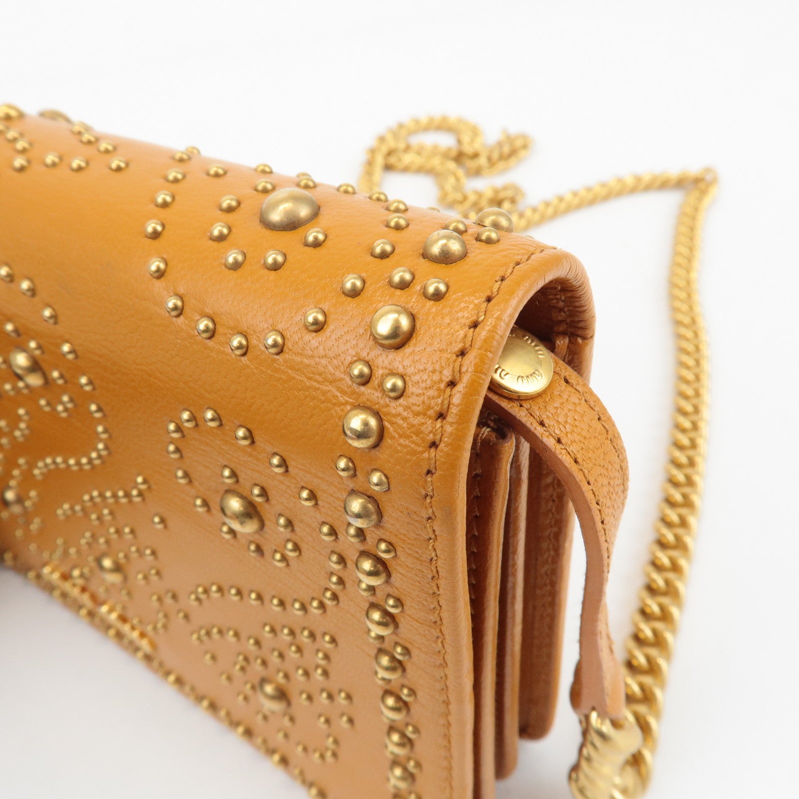MIU MIU Leather Studs Chain Wallet Shoulder Bag Brown 5BP006 Used