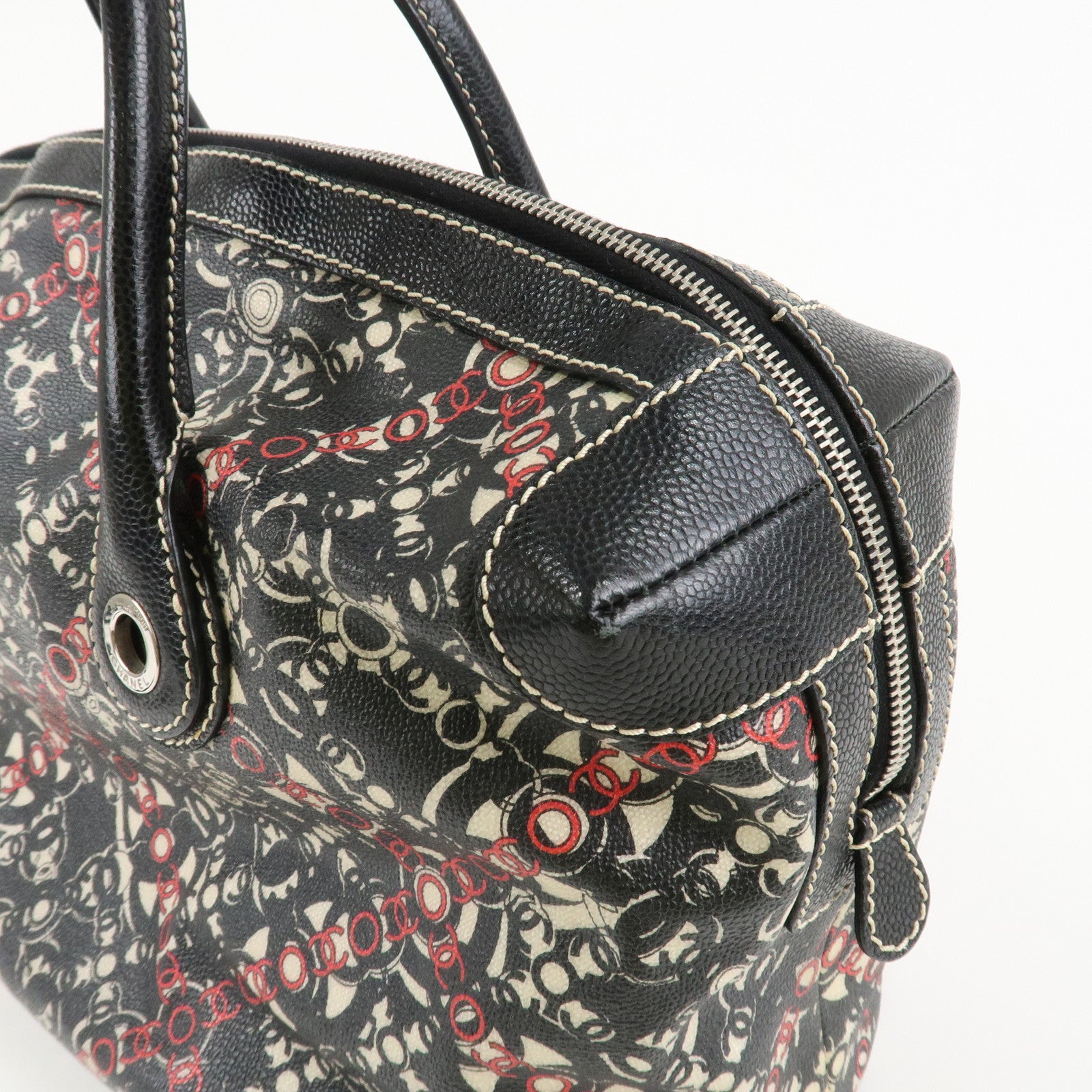 CHANEL COCO Travel PVC Leather Boston Bag Black Silver HDW Used