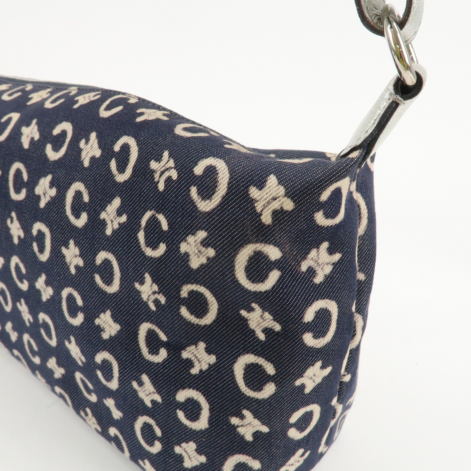 CELINE C Macadam Canvas Leather Shoulder Bag Navy Silver Used