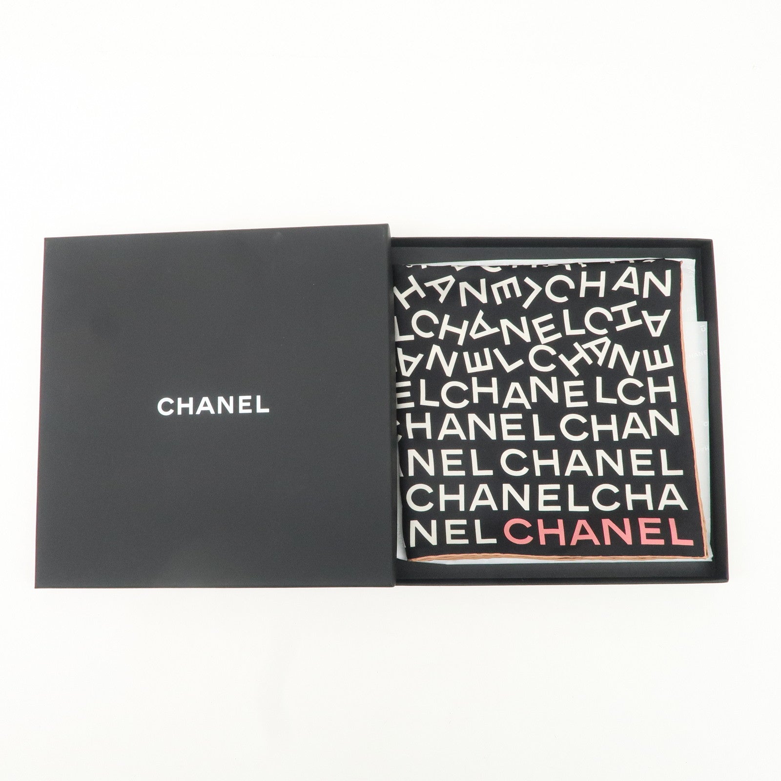 CHANEL Silk 100% Scarf Black White Used