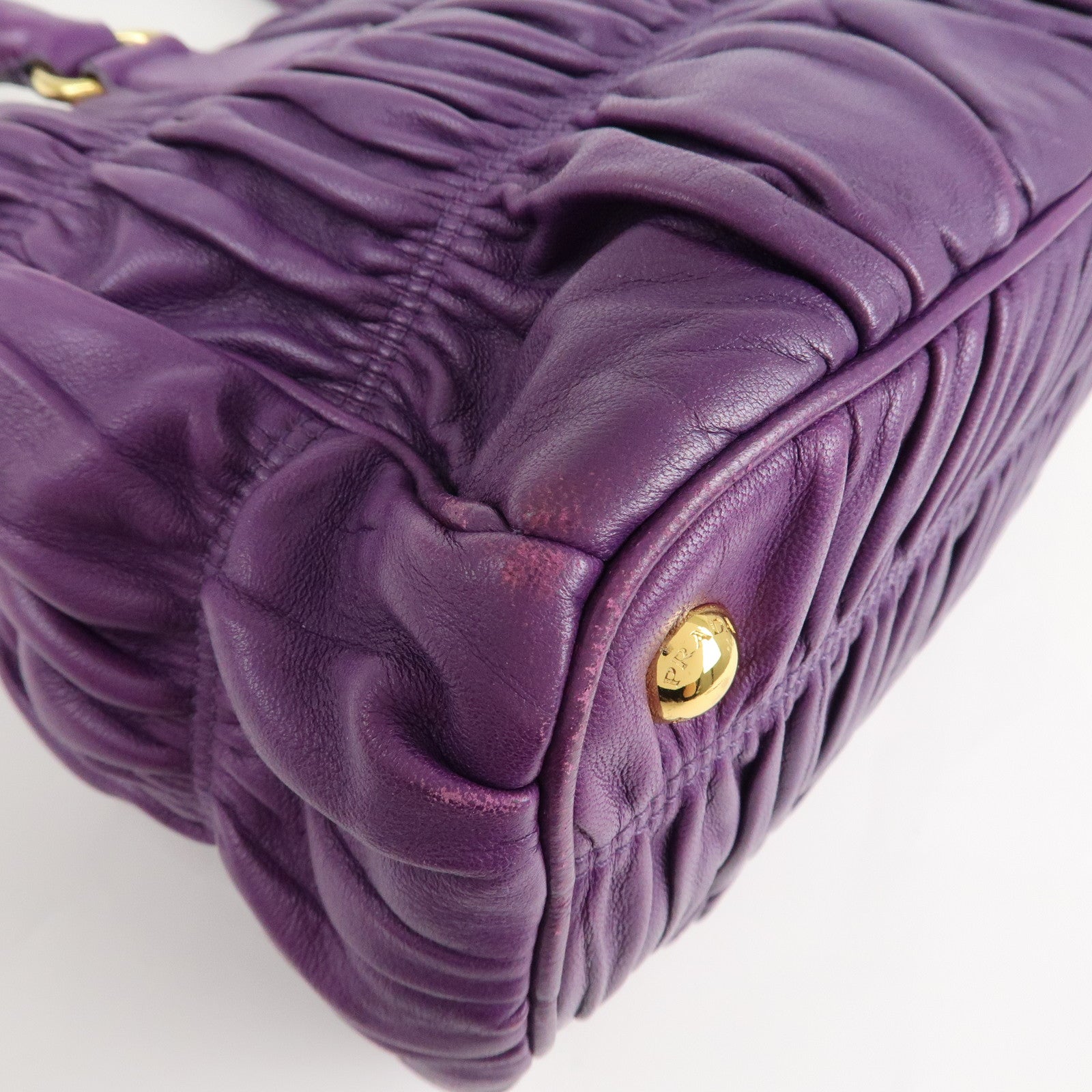 PRADA Leather Gathered Hand Bag Purple Gold Hardware BN2394 Used
