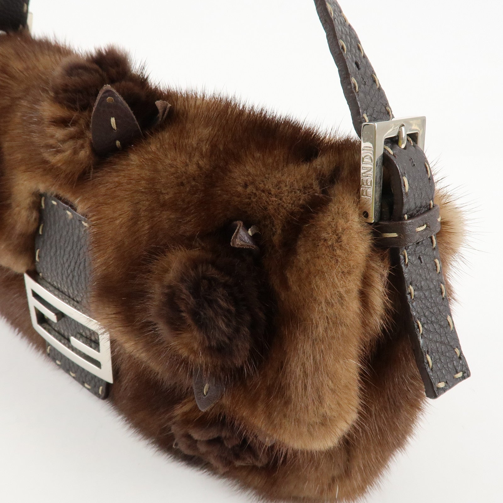 FENDI Mamma Baguette Selleria Mink Leather Shoulder Bag 8BR101 Used