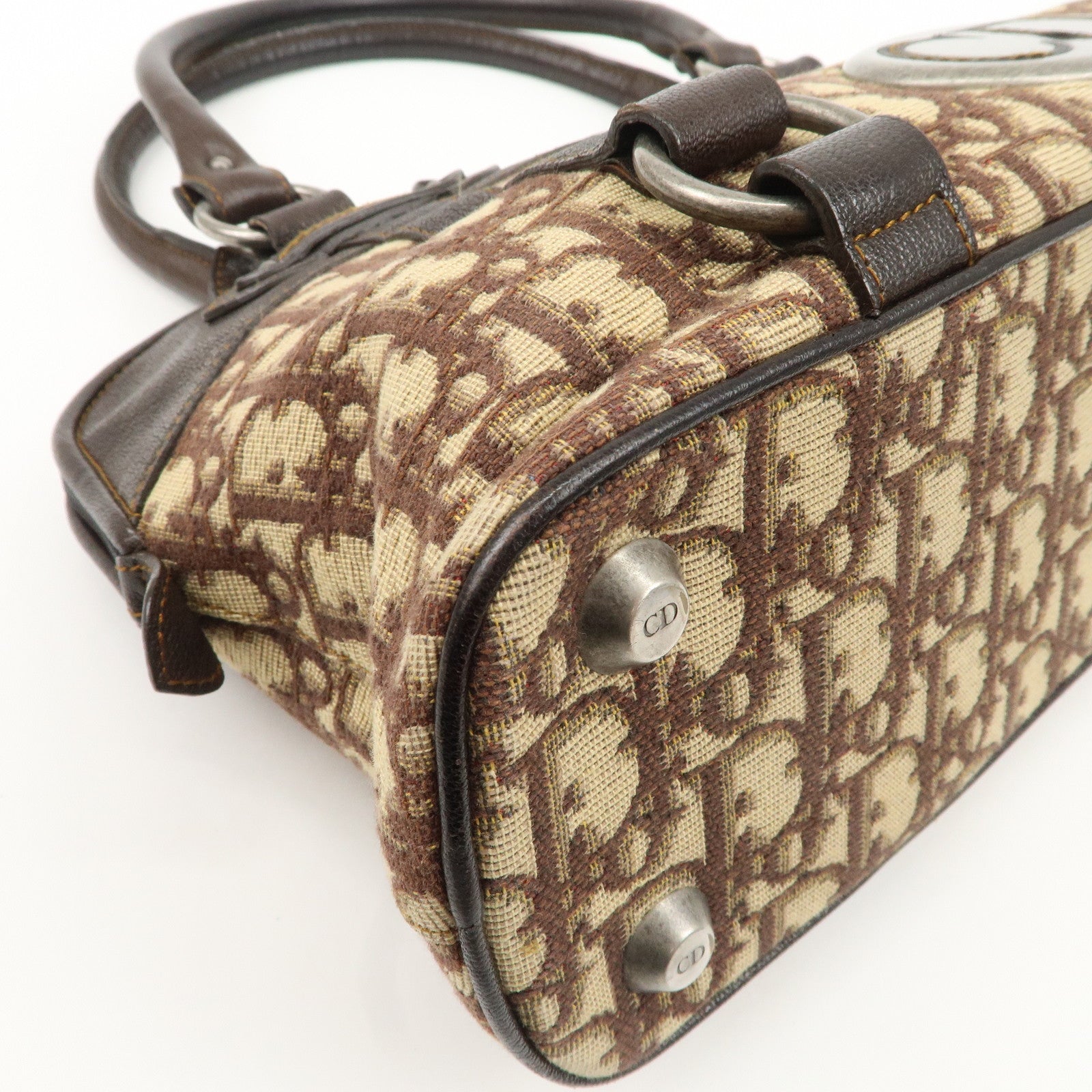 Christian Dior Logo Trotter Canvas Leather Boston Bag Beige Brown Used