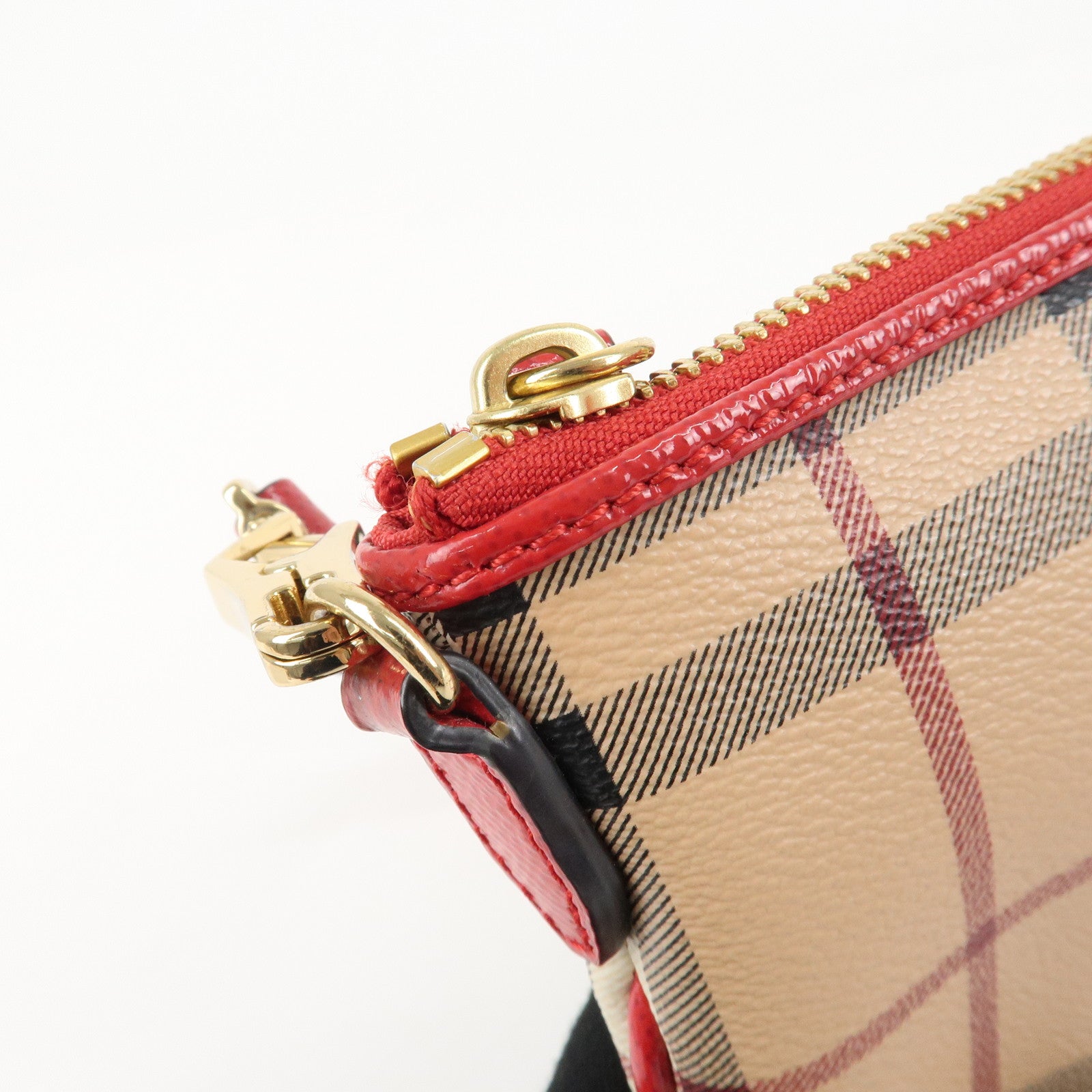 BURBERRY PVC Leather Nova Plaid Shoulder Bag Beige Red Used