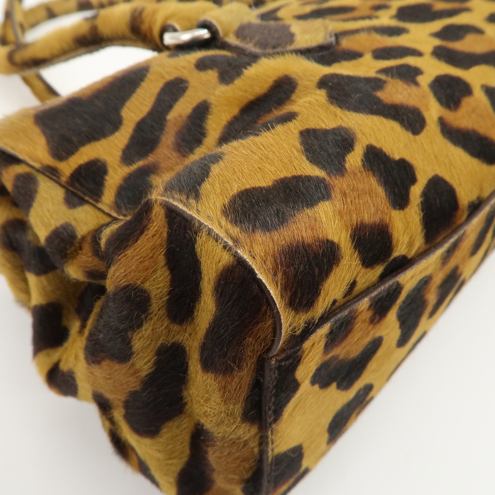PRADA Logo Unborn Calf Leopard Shoulder Bag Hand Bag Brown Used