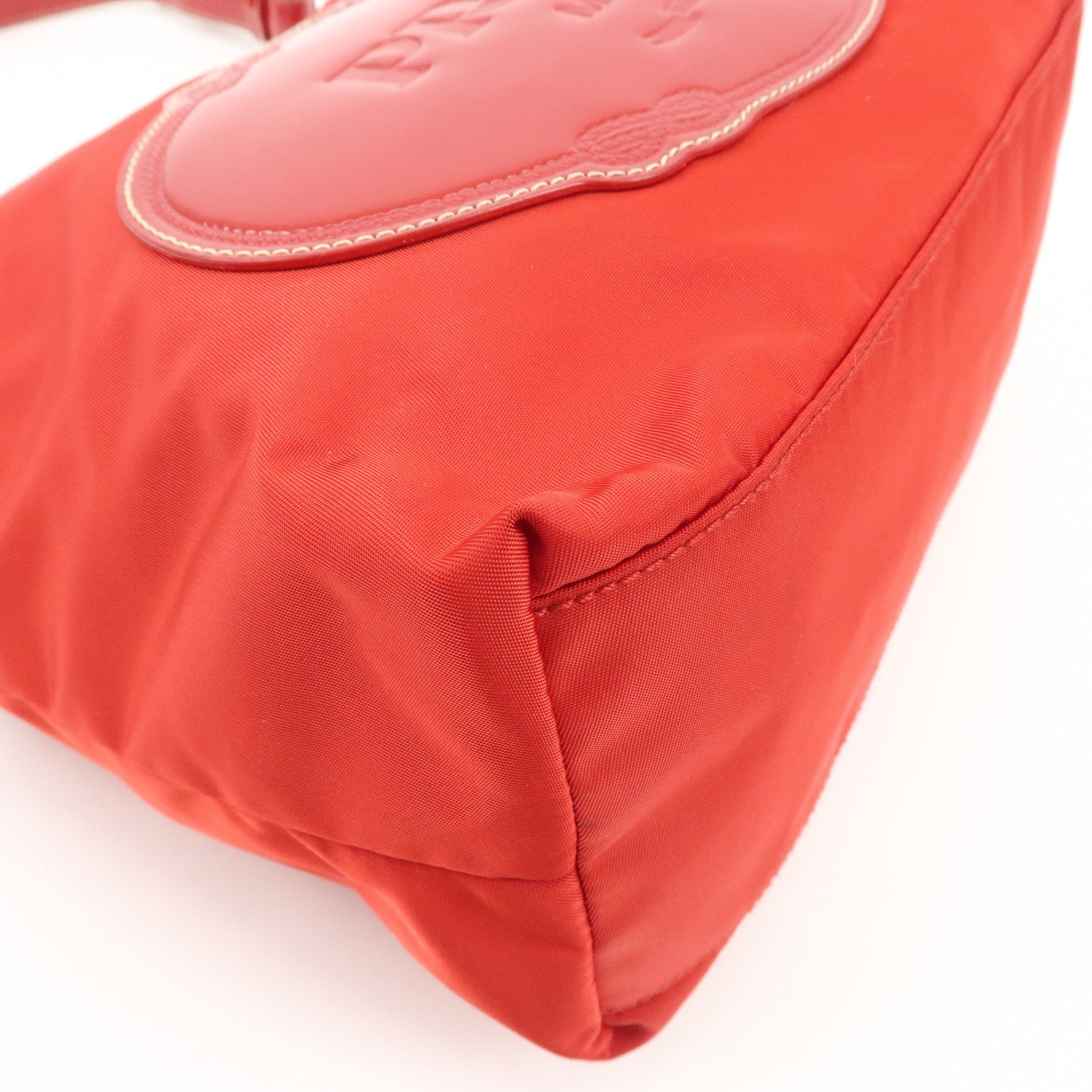 PRADA Logo Nylon Leather Shoulder Bag Silver HDW Red Used