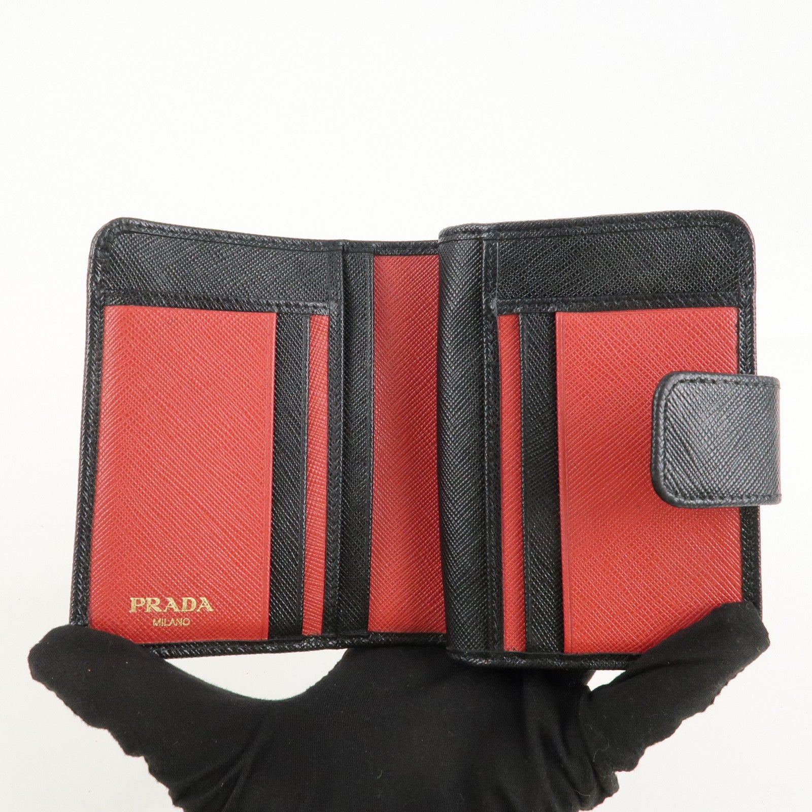 PRADA Saffiano Leather Bi-Fold Wallet Black Red Gold 1ML018 Used
