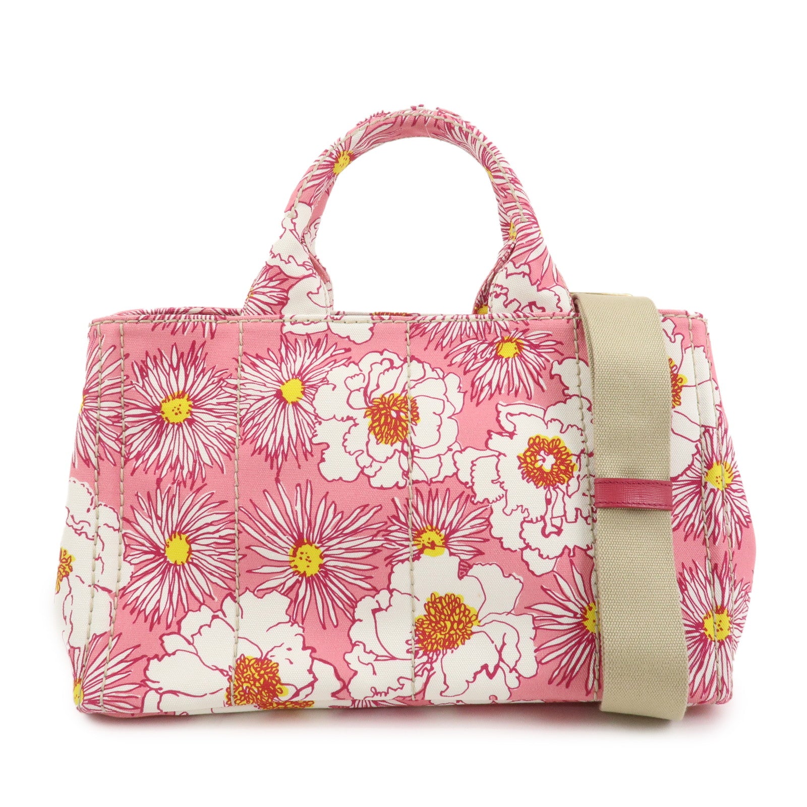 PRADA Canapa Canvas 2Way Bag Hand Bag Flower Print Pink
