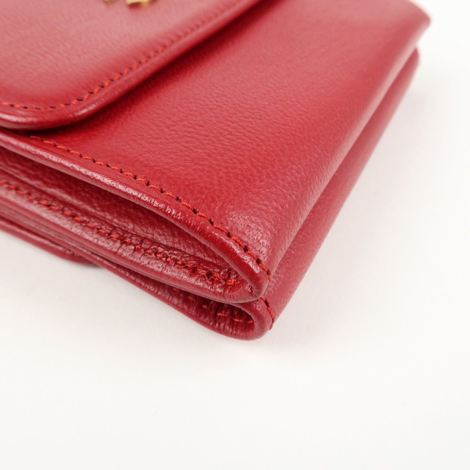 CHANEL COCO Mark Leather Tri-Fold Compact Wallet Red A13456 Used